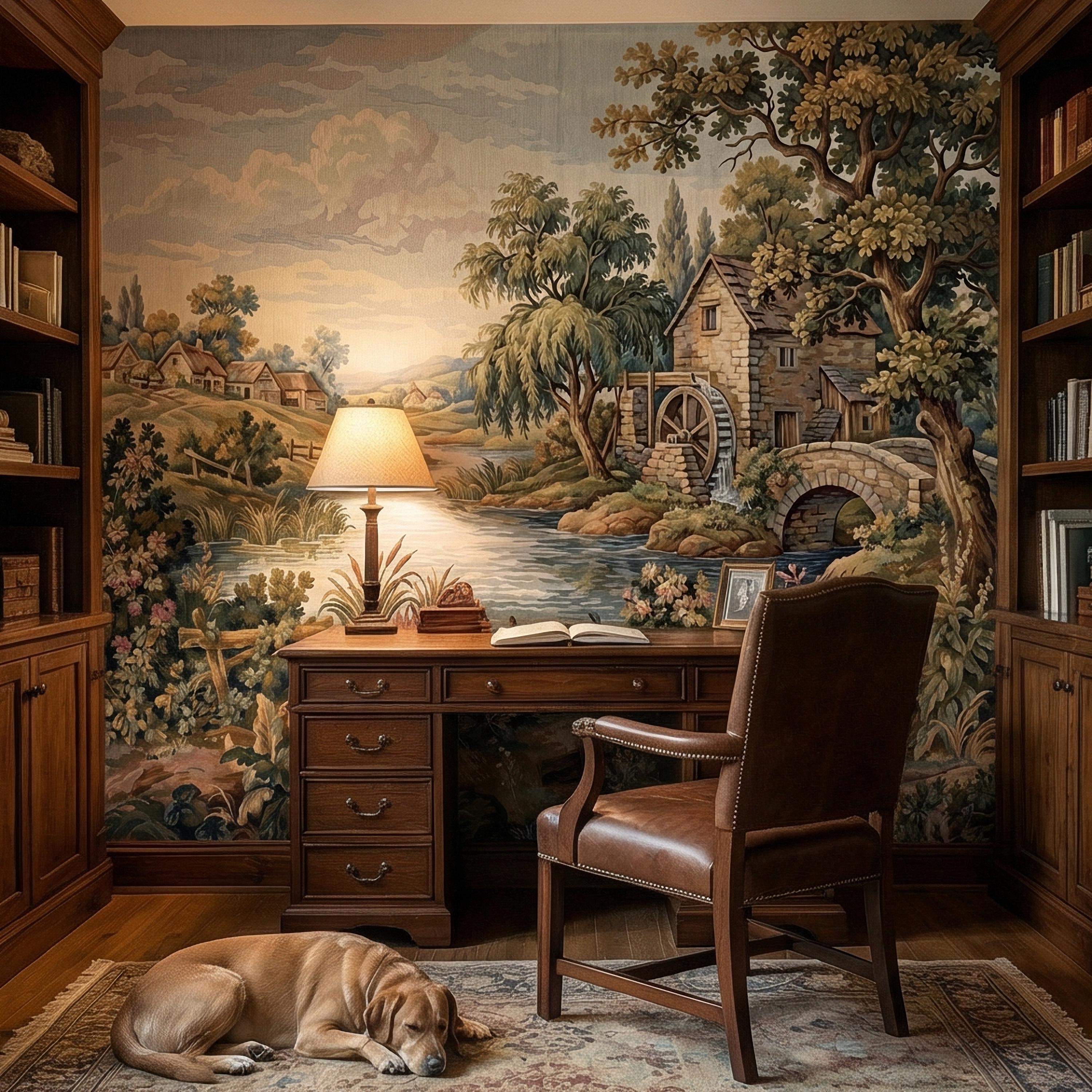 Vintage Pastoral Old Tapestry Peel and Stick Wall Mural, English Cottage River Landscape, Old World Scenic Wallpaper