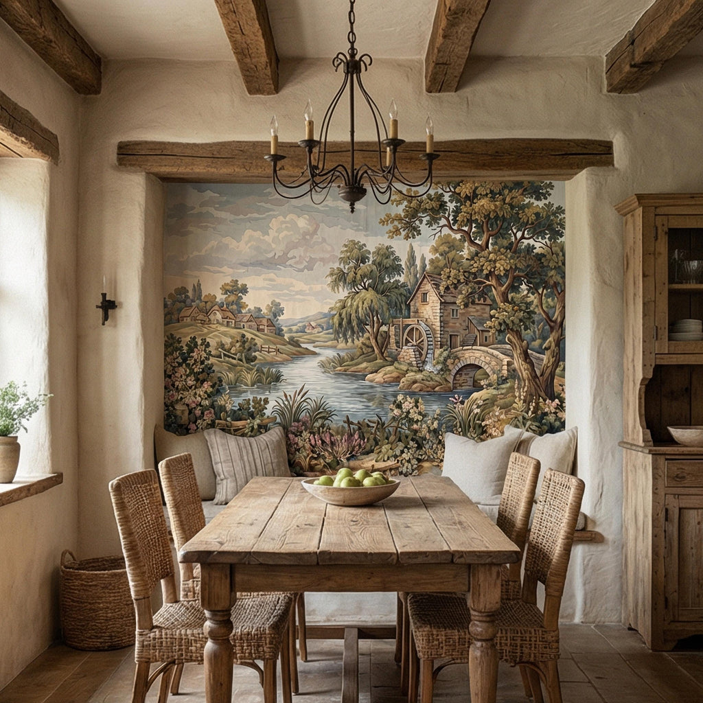 Vintage Pastoral Old Tapestry Peel and Stick Wall Mural, English Cottage River Landscape, Old World Scenic Wallpaper