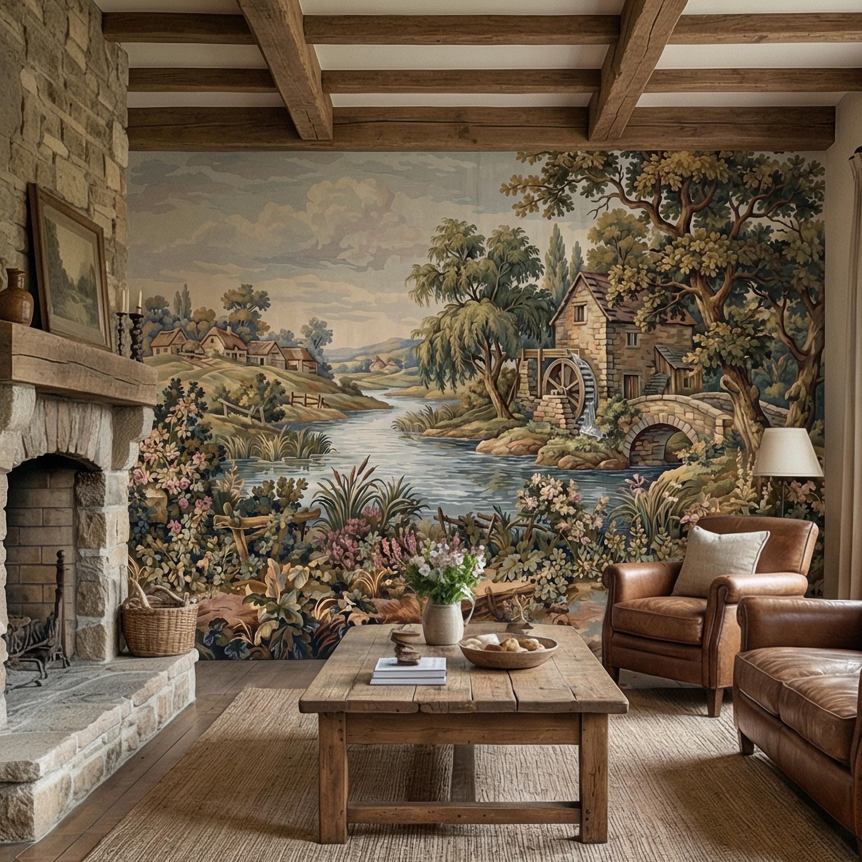 Vintage Pastoral Old Tapestry Peel and Stick Wall Mural, English Cottage River Landscape, Old World Scenic Wallpaper