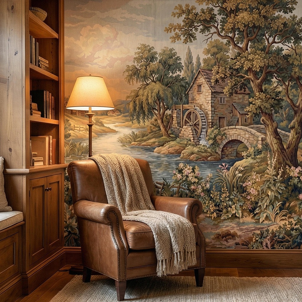 Vintage Pastoral Old Tapestry Peel and Stick Wall Mural, English Cottage River Landscape, Old World Scenic Wallpaper