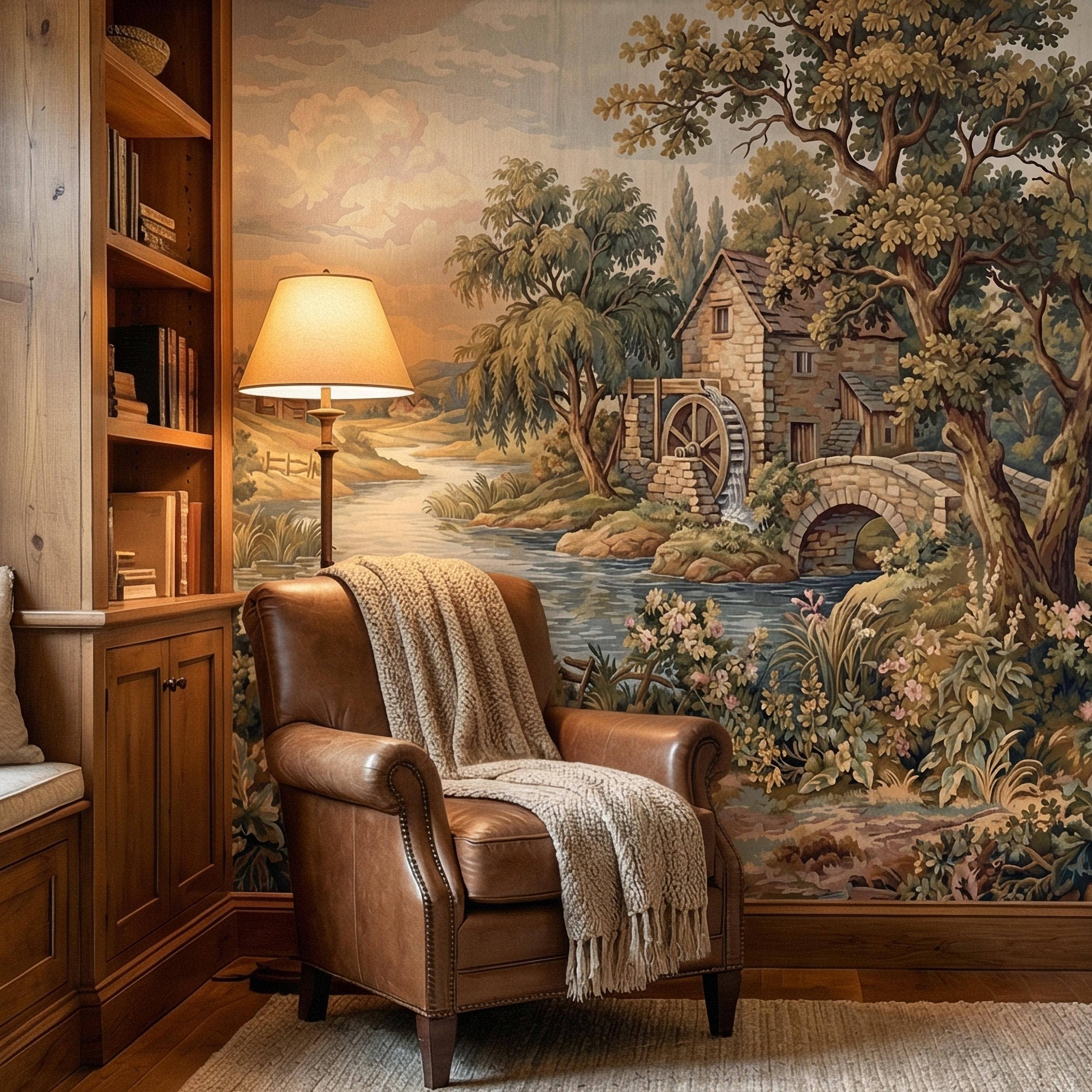 Vintage Pastoral Old Tapestry Peel and Stick Wall Mural, English Cottage River Landscape, Old World Scenic Wallpaper