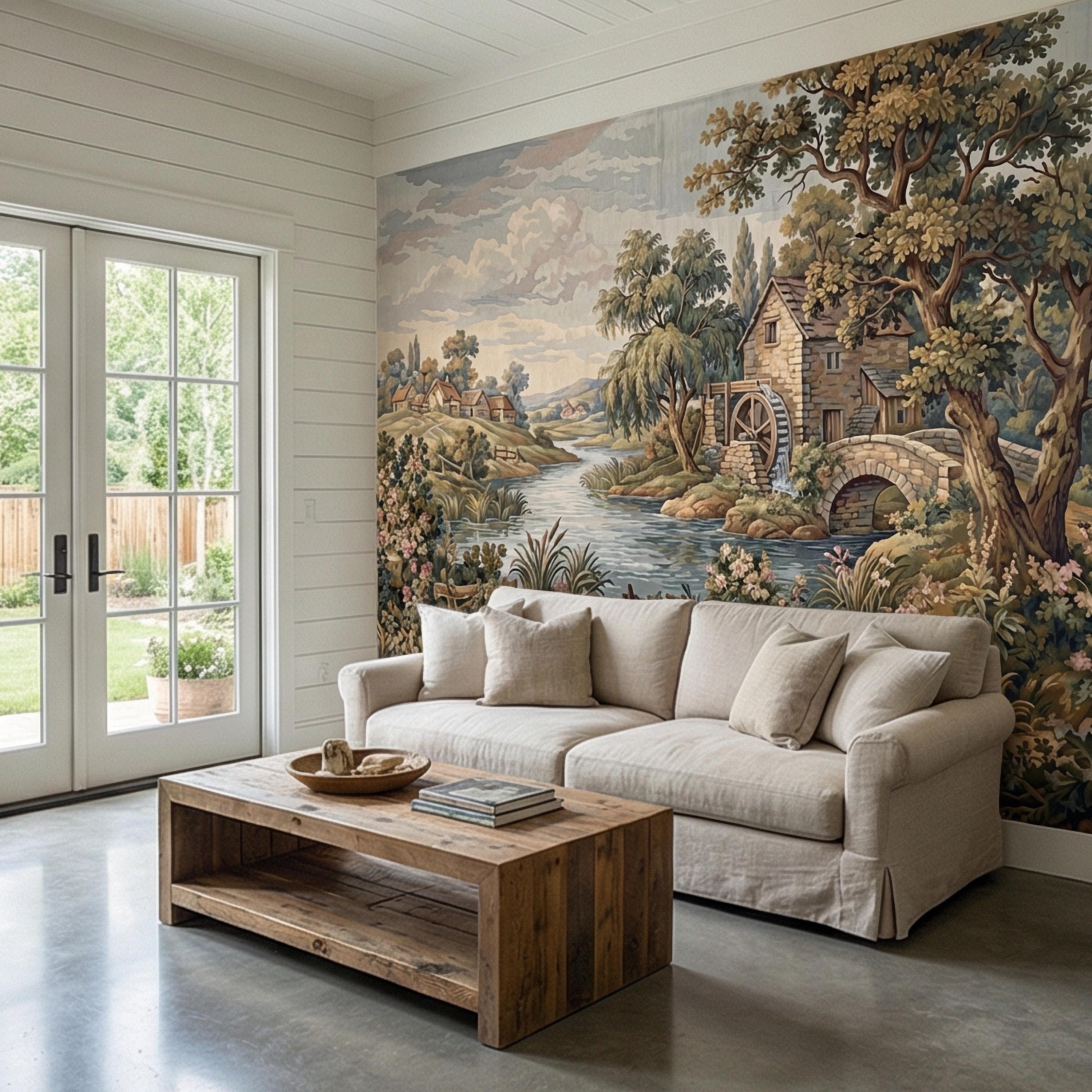 Vintage Pastoral Old Tapestry Peel and Stick Wall Mural, English Cottage River Landscape, Old World Scenic Wallpaper