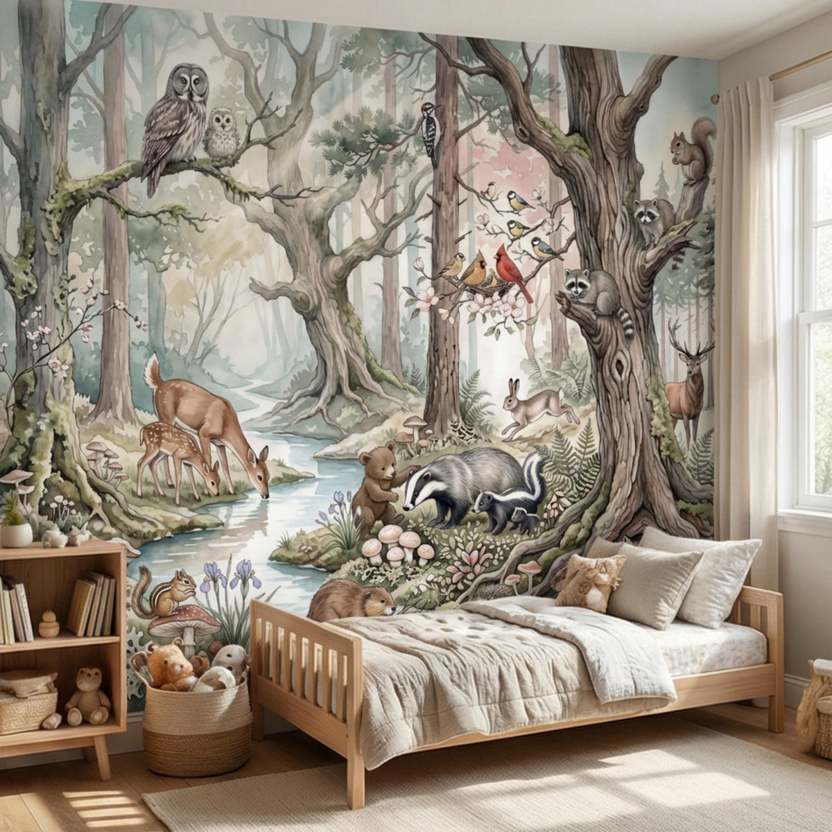 Woodland forest animals watercolor wall mural scene with deer, skunk, bear, and owl among trees