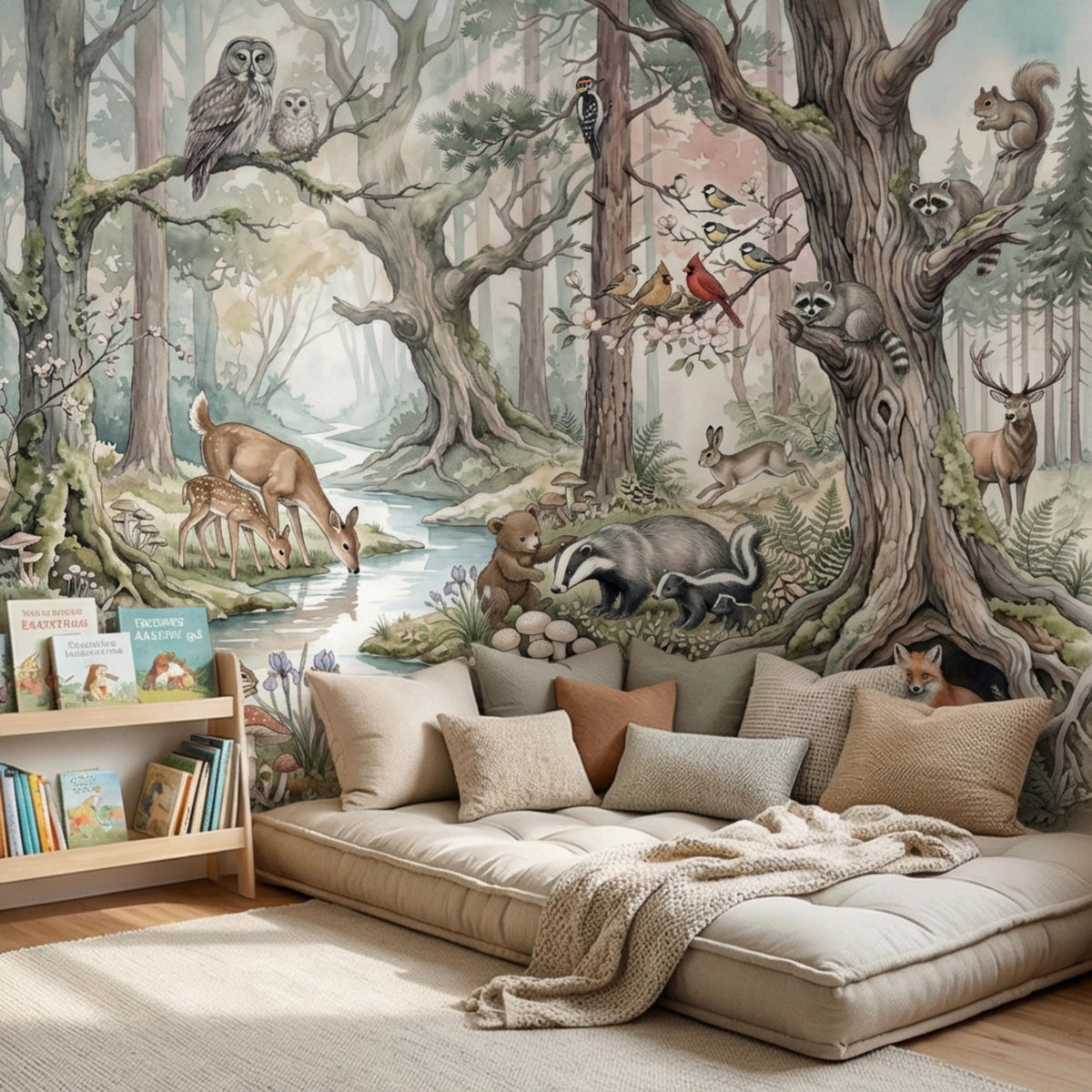 Kids forest animals watercolor wall mural featuring deer, bear, skunk, and owl on large trees