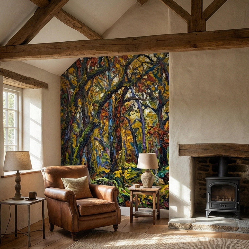 Painterly Forest Peel and Stick Wall Mural, Abstract Textured Woodland Painting, Bold Colorful Nature Wallpaper