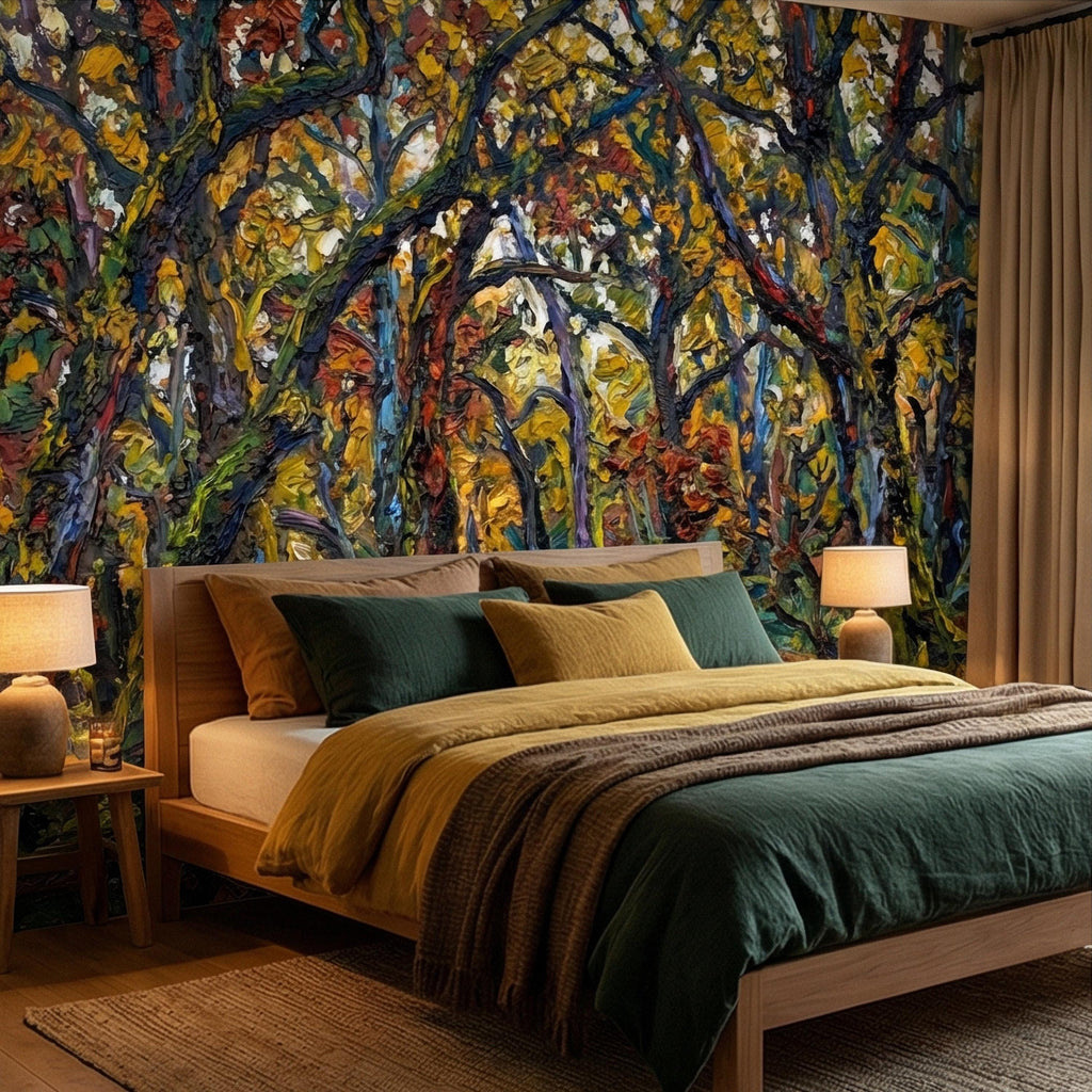 Painterly Forest Peel and Stick Wall Mural, Abstract Textured Woodland Painting, Bold Colorful Nature Wallpaper