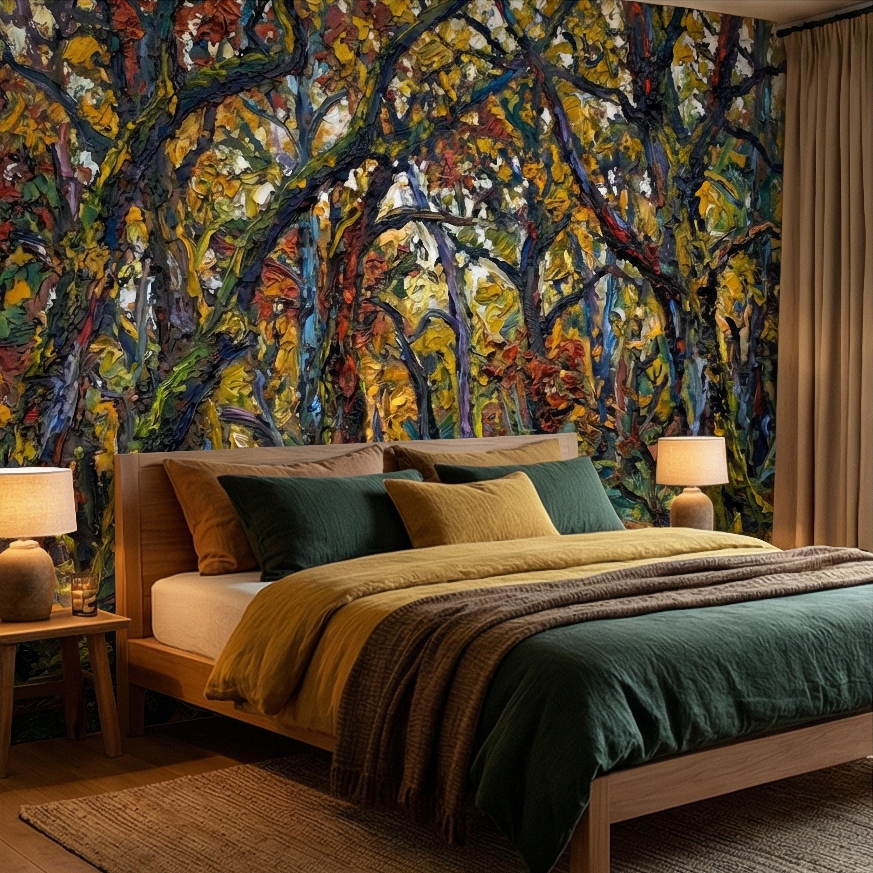 Painterly Forest Peel and Stick Wall Mural, Abstract Textured Woodland Painting, Bold Colorful Nature Wallpaper