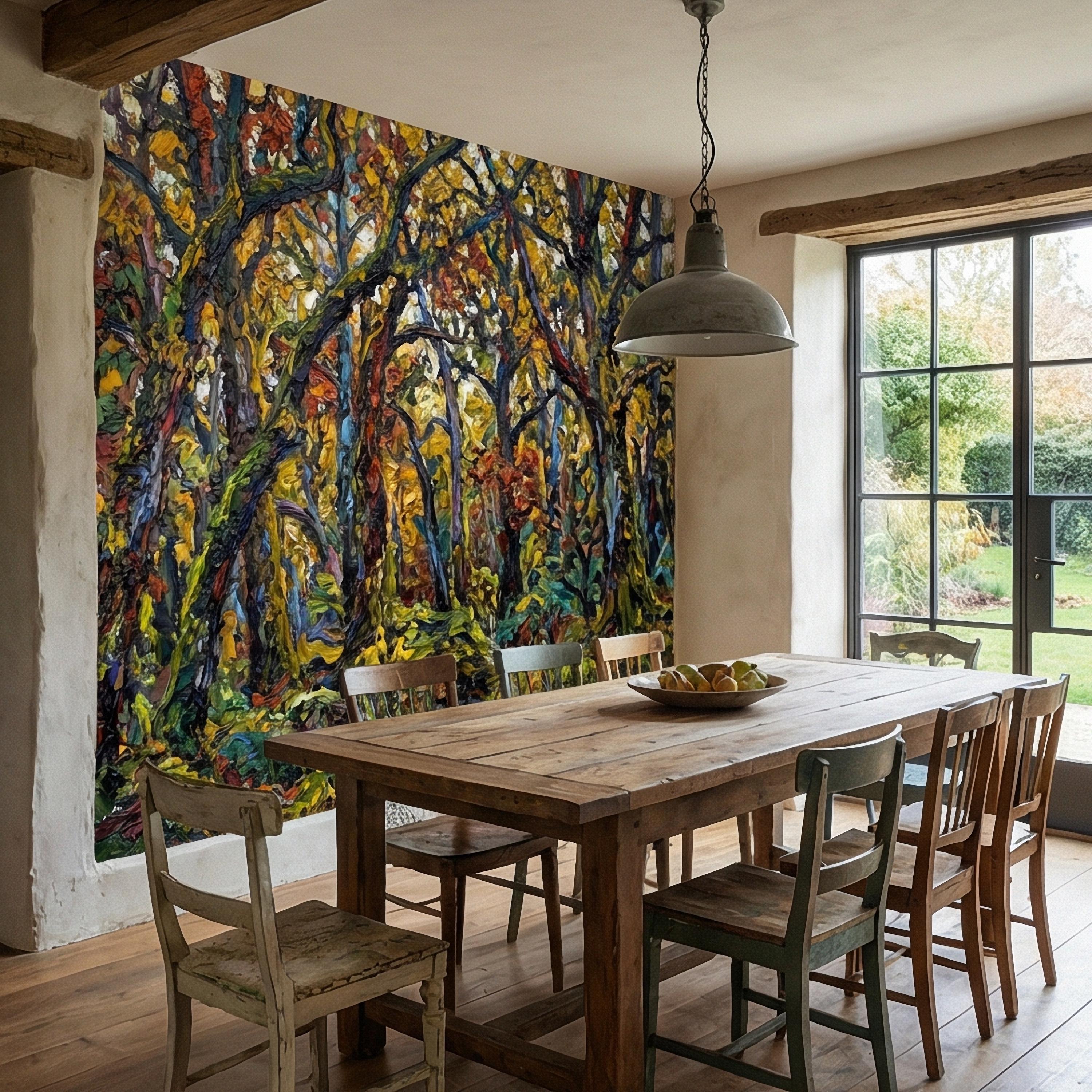 Painterly Forest Peel and Stick Wall Mural, Abstract Textured Woodland Painting, Bold Colorful Nature Wallpaper