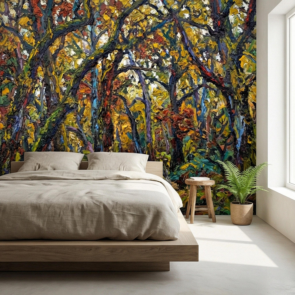 Painterly Forest Peel and Stick Wall Mural, Abstract Textured Woodland Painting, Bold Colorful Nature Wallpaper