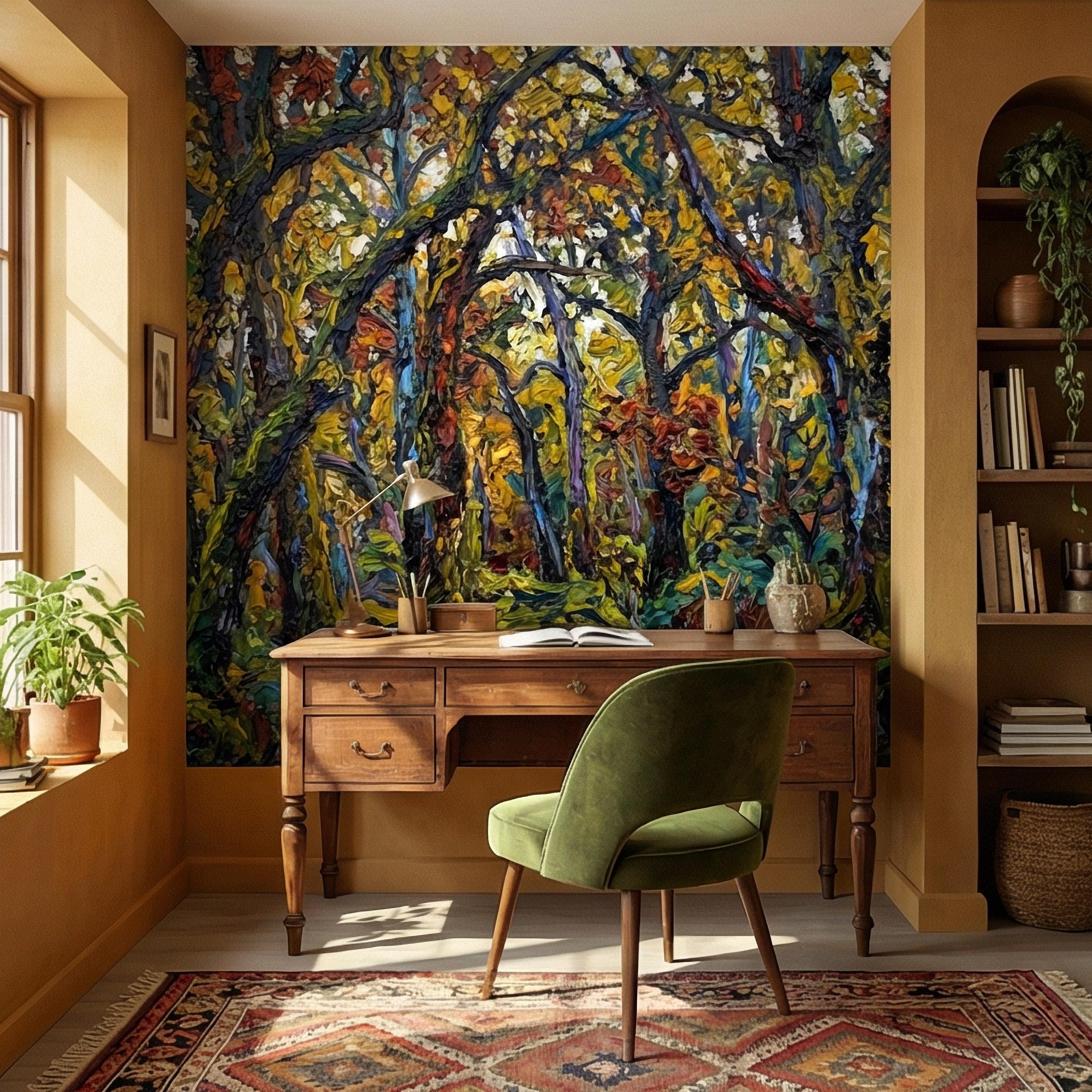 Painterly Forest Peel and Stick Wall Mural, Abstract Textured Woodland Painting, Bold Colorful Nature Wallpaper