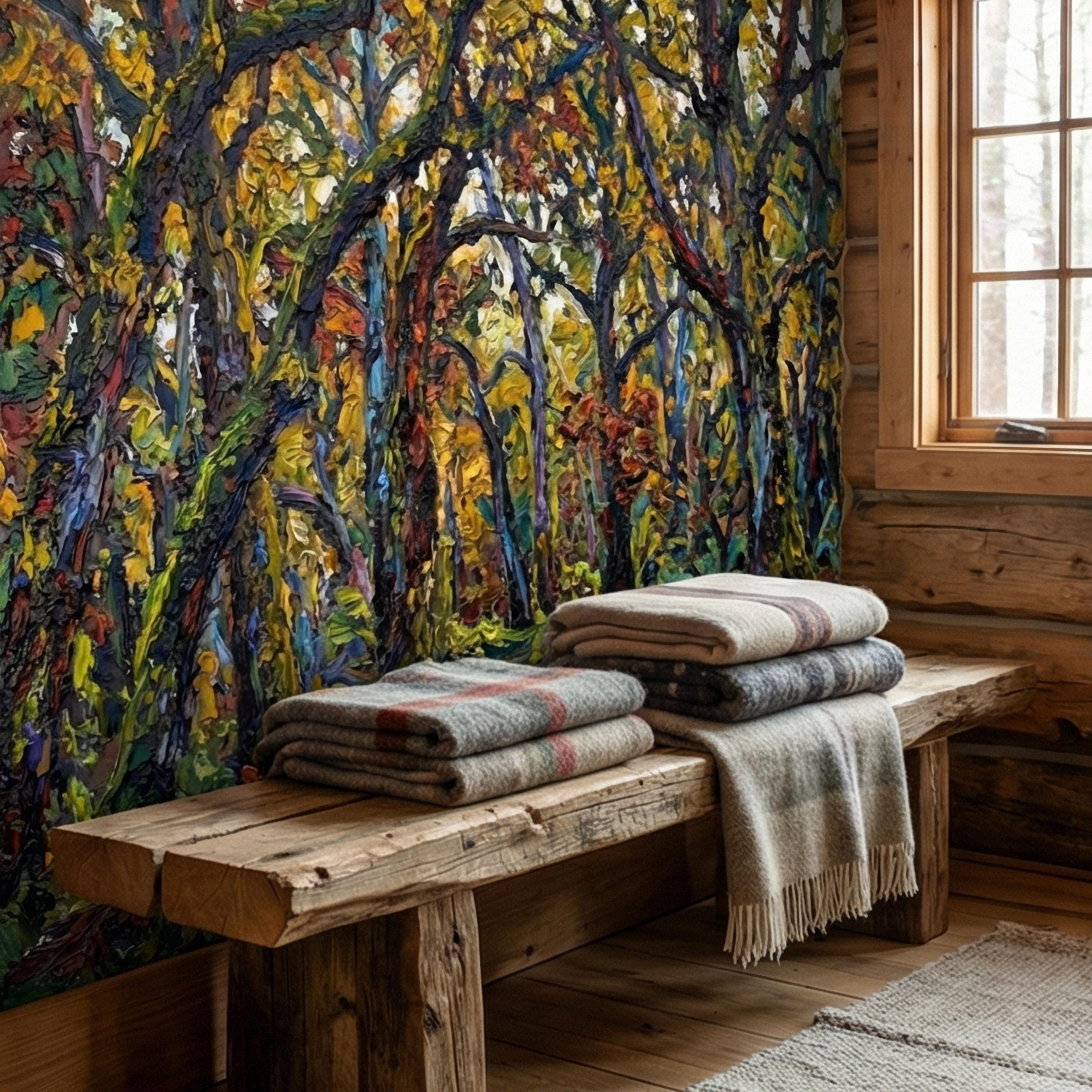 Painterly Forest Peel and Stick Wall Mural, Abstract Textured Woodland Painting, Bold Colorful Nature Wallpaper