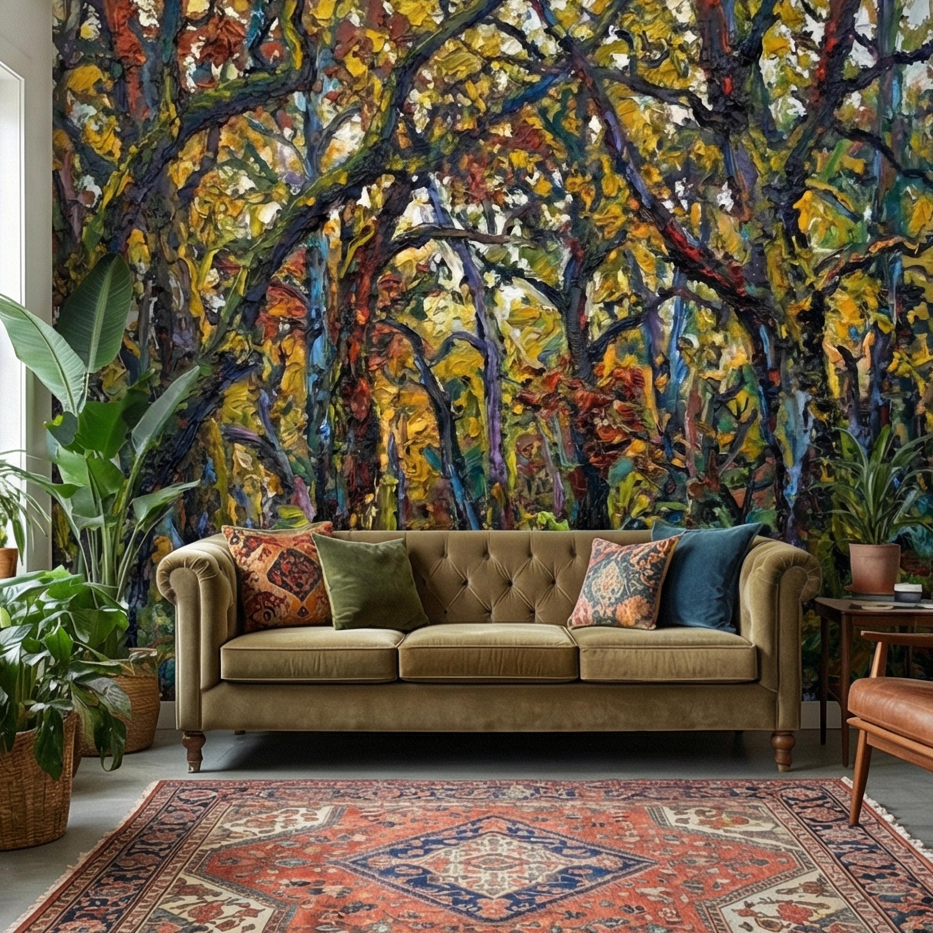 Painterly Forest Peel and Stick Wall Mural, Abstract Textured Woodland Painting, Bold Colorful Nature Wallpaper