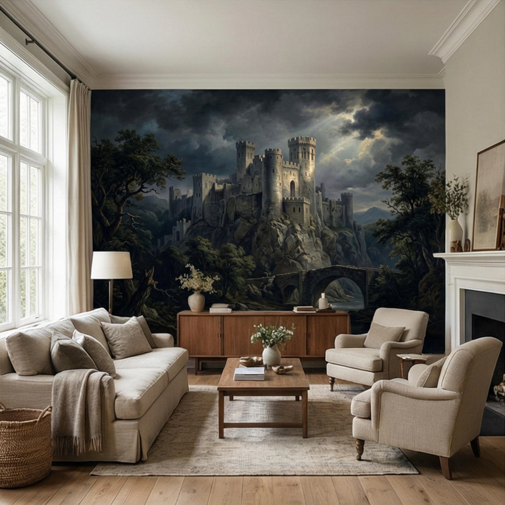 Medieval Castle Peel and Stick Wall Mural, Gothic Stone Fortress Wallpaper, Vintage Dramatic Scenic Landscape