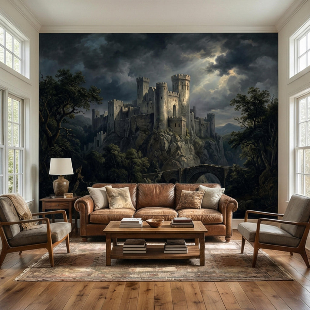 Medieval Castle Peel and Stick Wall Mural, Gothic Stone Fortress Wallpaper, Vintage Dramatic Scenic Landscape