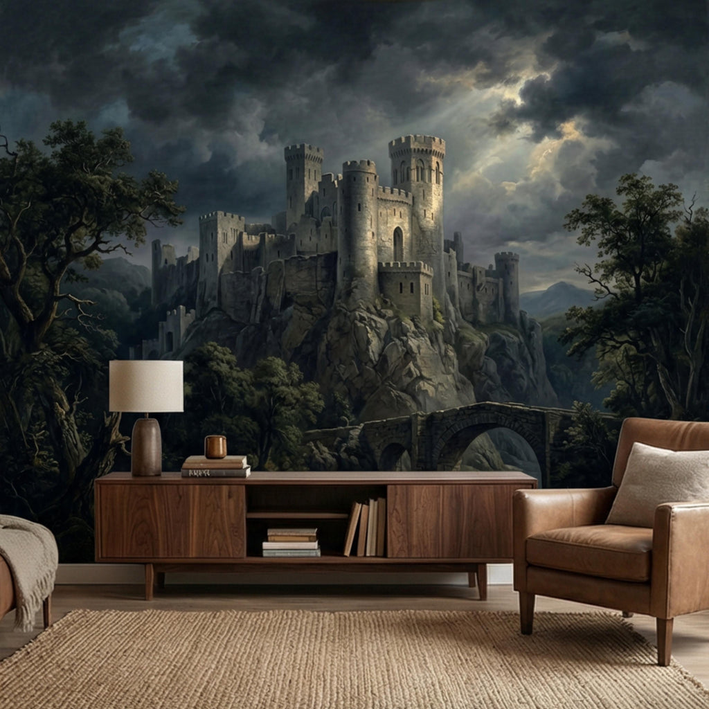 Medieval Castle Peel and Stick Wall Mural, Gothic Stone Fortress Wallpaper, Vintage Dramatic Scenic Landscape