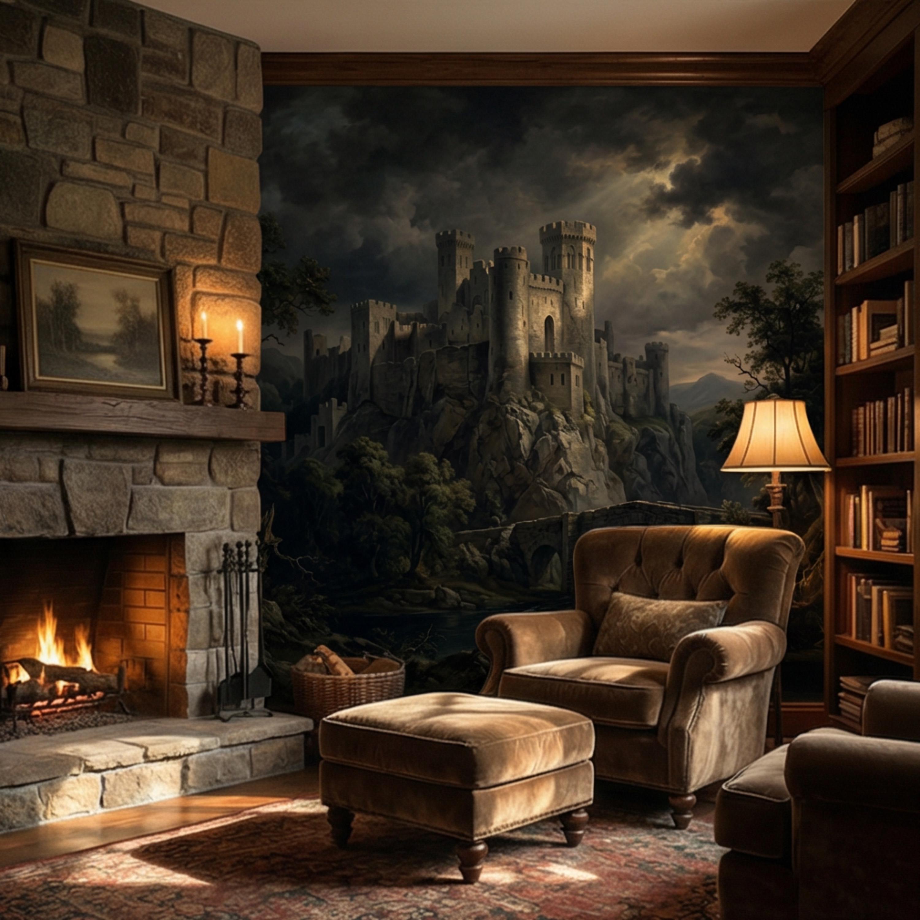 Medieval Castle Peel and Stick Wall Mural, Gothic Stone Fortress Wallpaper, Vintage Dramatic Scenic Landscape