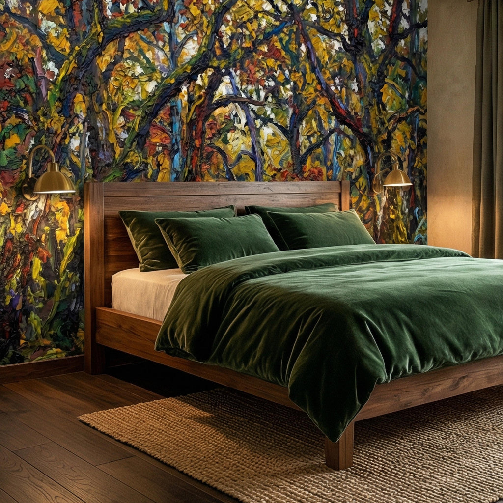 Painterly Forest Peel and Stick Wall Mural, Abstract Textured Woodland Painting, Bold Colorful Nature Wallpaper