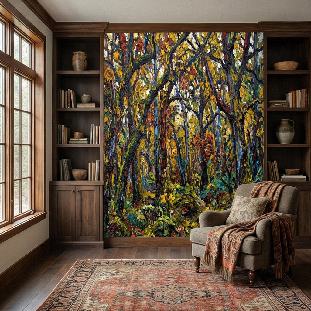 Painterly Forest Peel and Stick Wall Mural, Abstract Textured Woodland Painting, Bold Colorful Nature Wallpaper