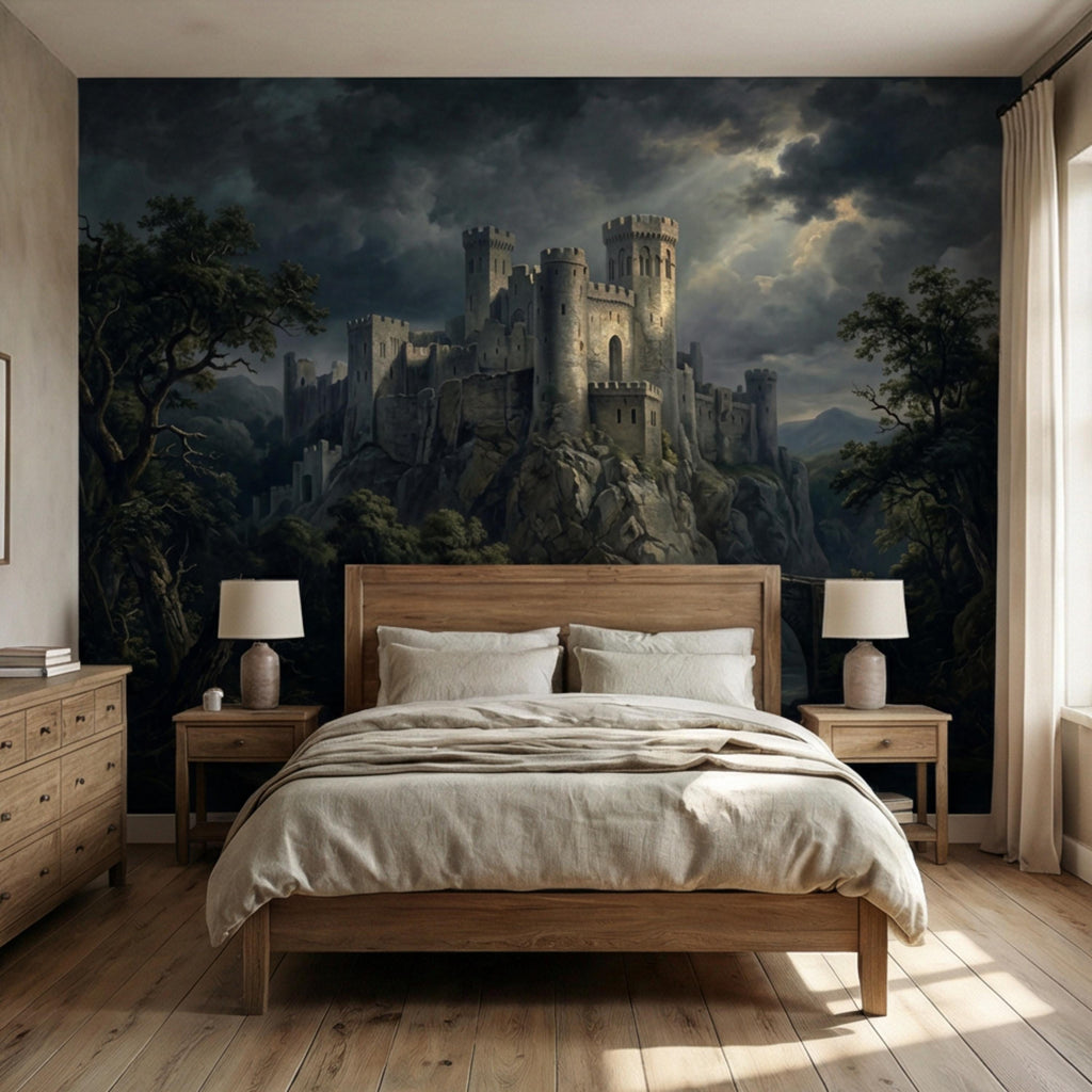 Medieval Castle Peel and Stick Wall Mural, Gothic Stone Fortress Wallpaper, Vintage Dramatic Scenic Landscape