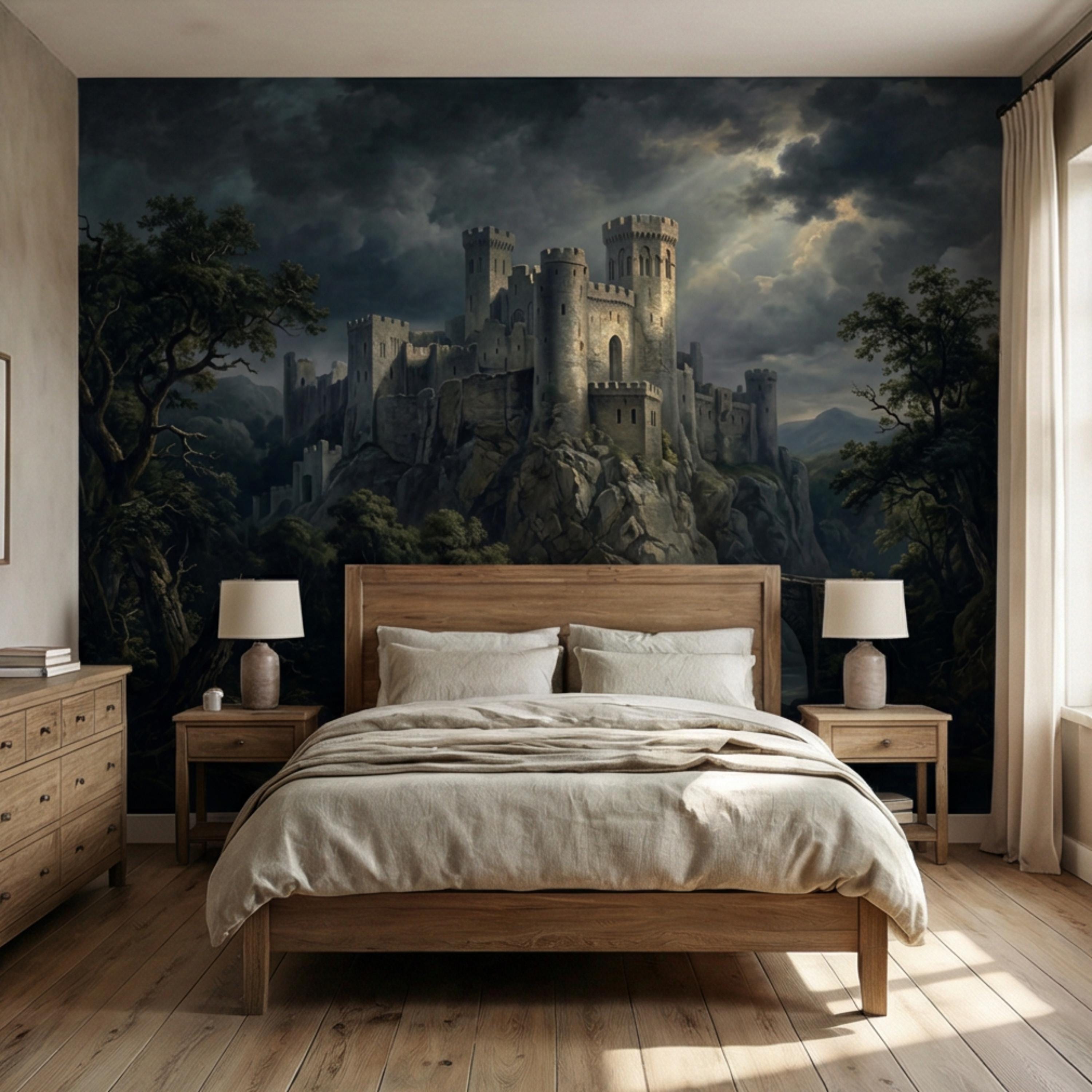 Medieval Castle Peel and Stick Wall Mural, Gothic Stone Fortress Wallpaper, Vintage Dramatic Scenic Landscape