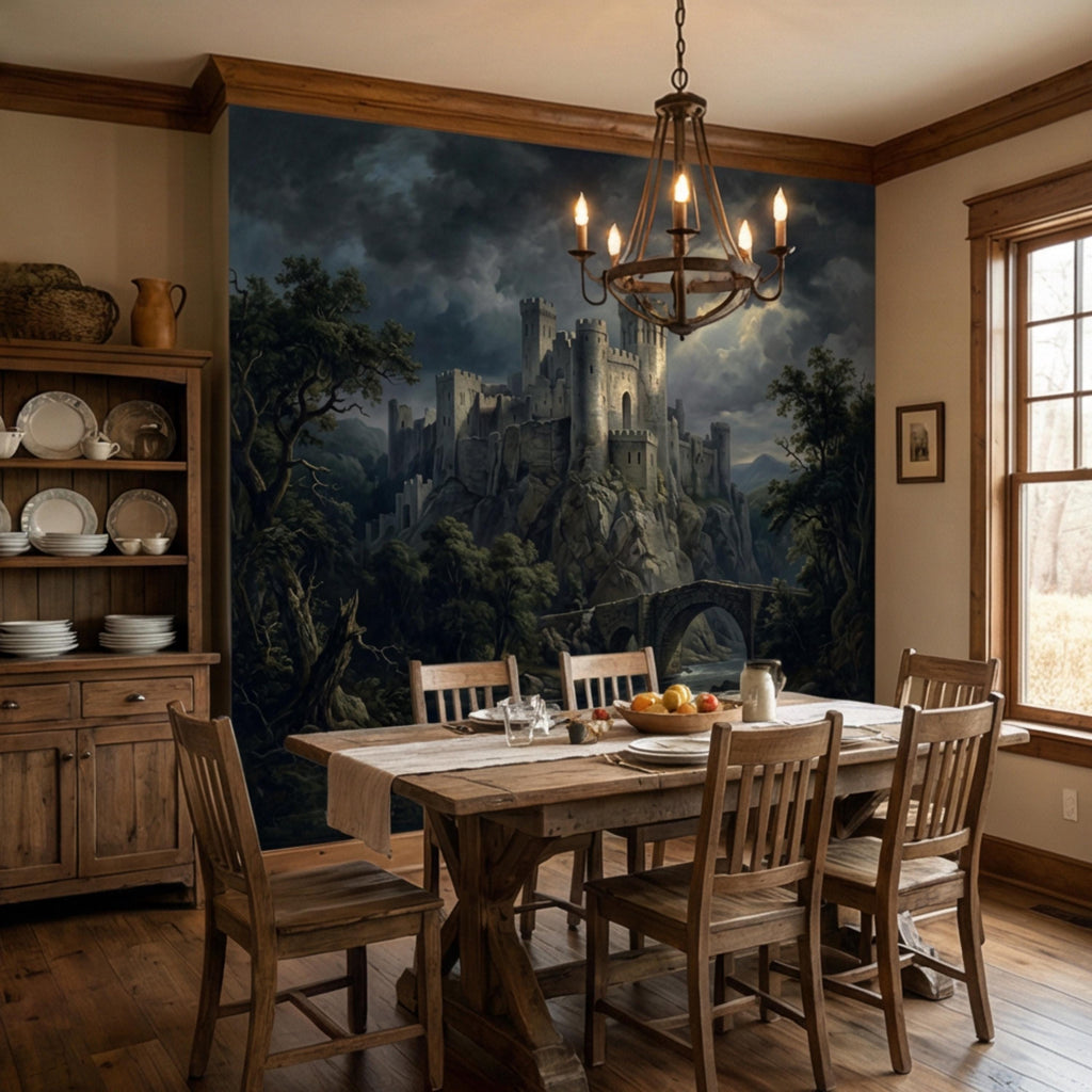 Medieval Castle Peel and Stick Wall Mural, Gothic Stone Fortress Wallpaper, Vintage Dramatic Scenic Landscape