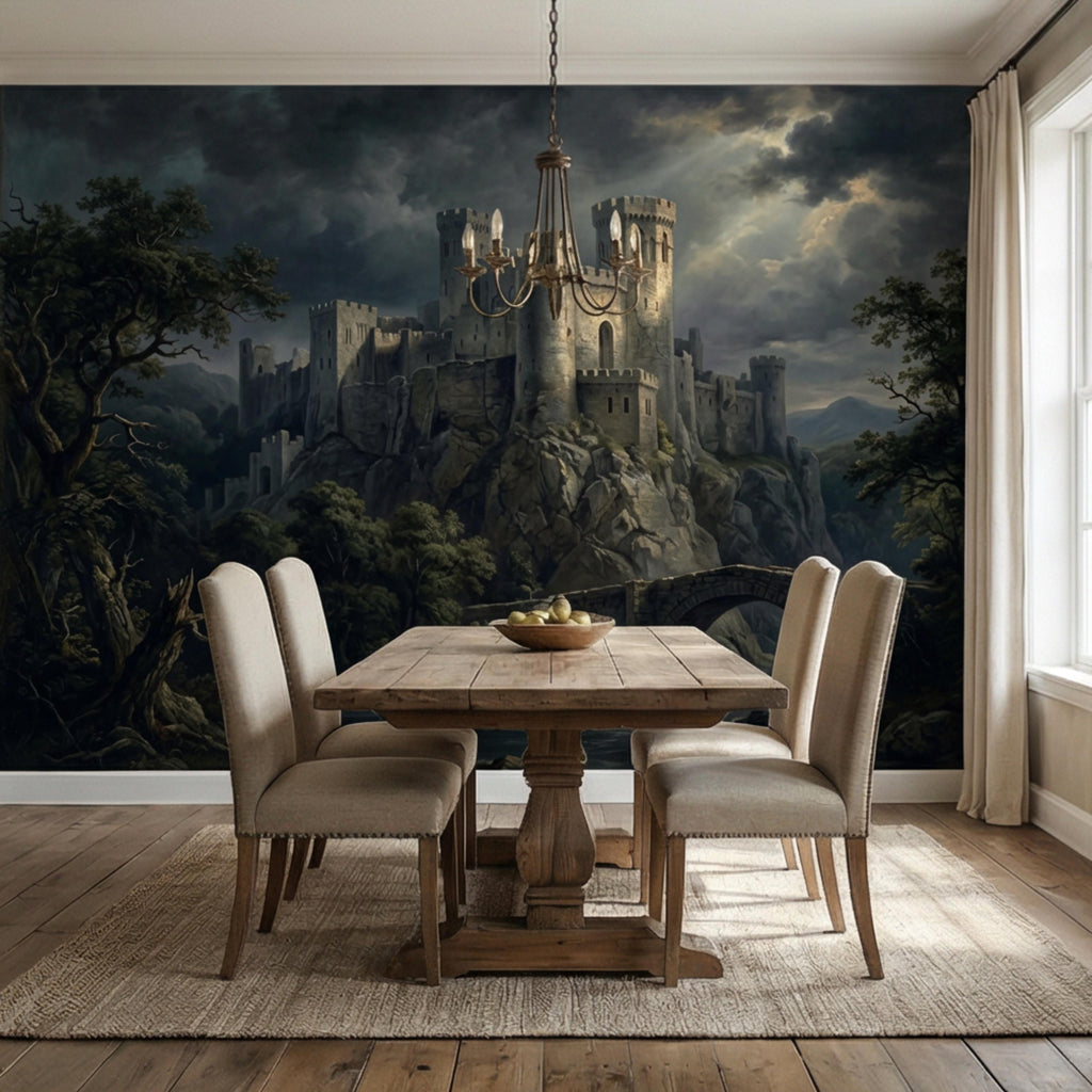Medieval Castle Peel and Stick Wall Mural, Gothic Stone Fortress Wallpaper, Vintage Dramatic Scenic Landscape
