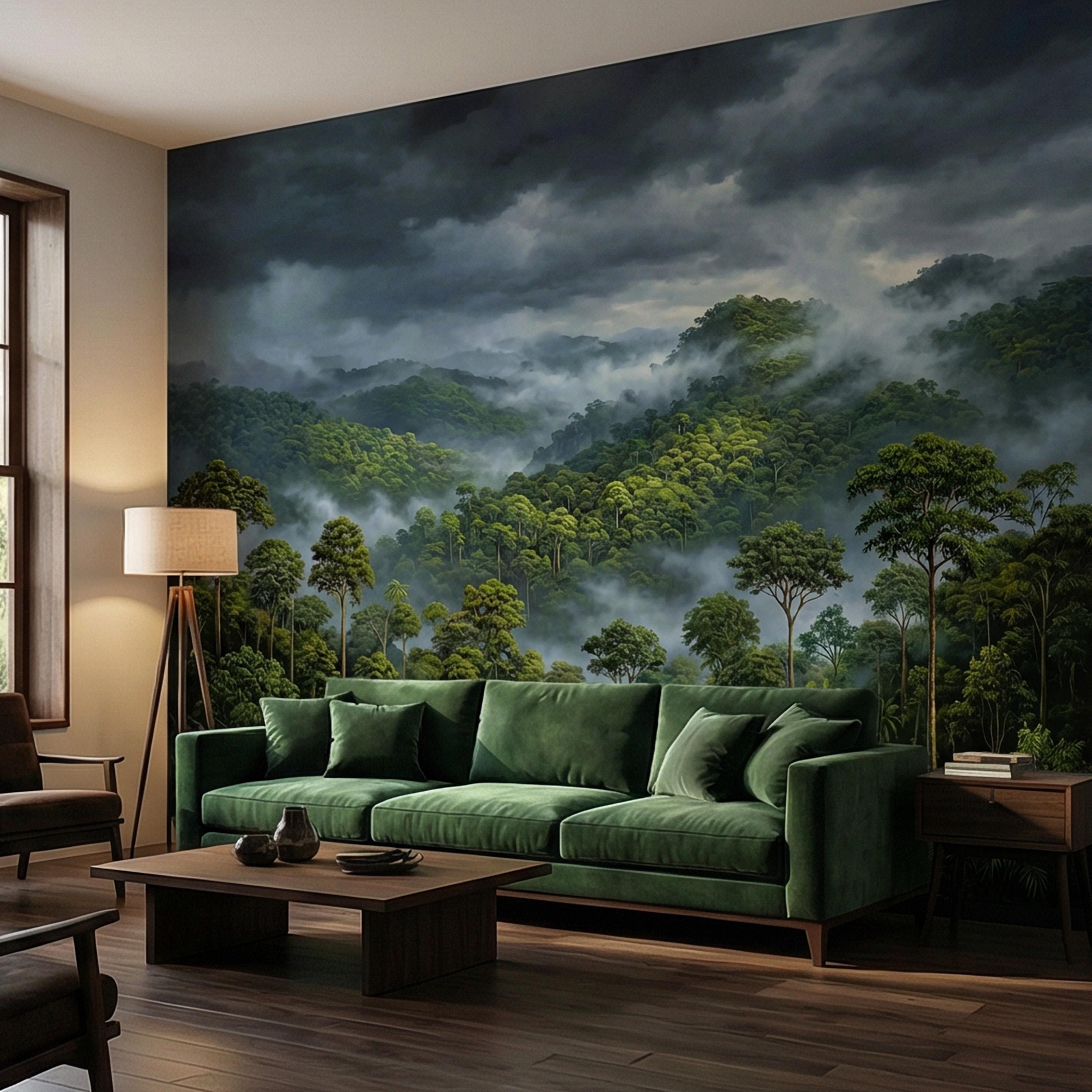 Misty Rainforest Peel and Stick Wall Mural, Moody Tropical Forest Landscape, Dramatic Foggy Jungle Nature Wallpaper