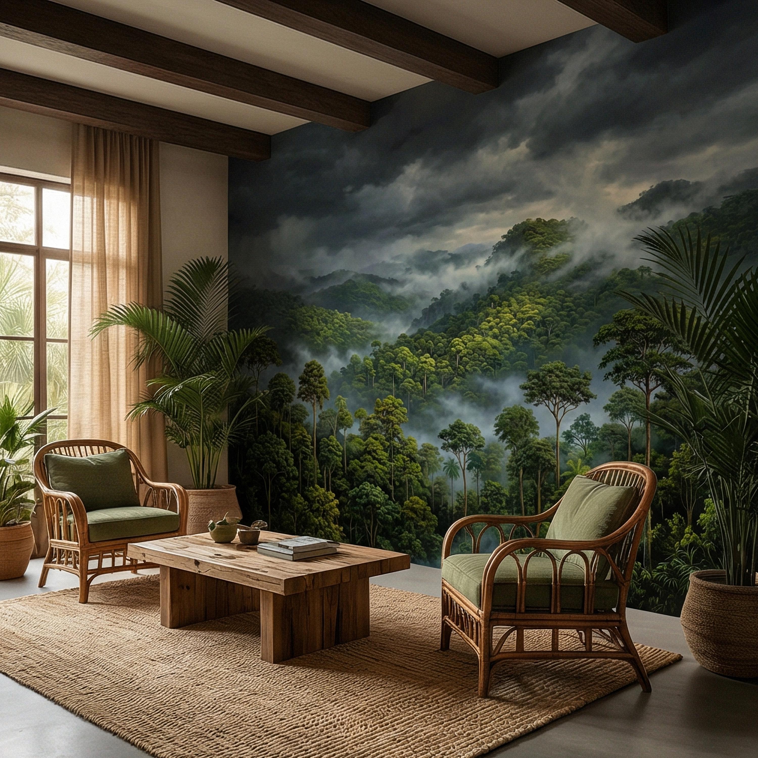 Misty Rainforest Peel and Stick Wall Mural, Moody Tropical Forest Landscape, Dramatic Foggy Jungle Nature Wallpaper