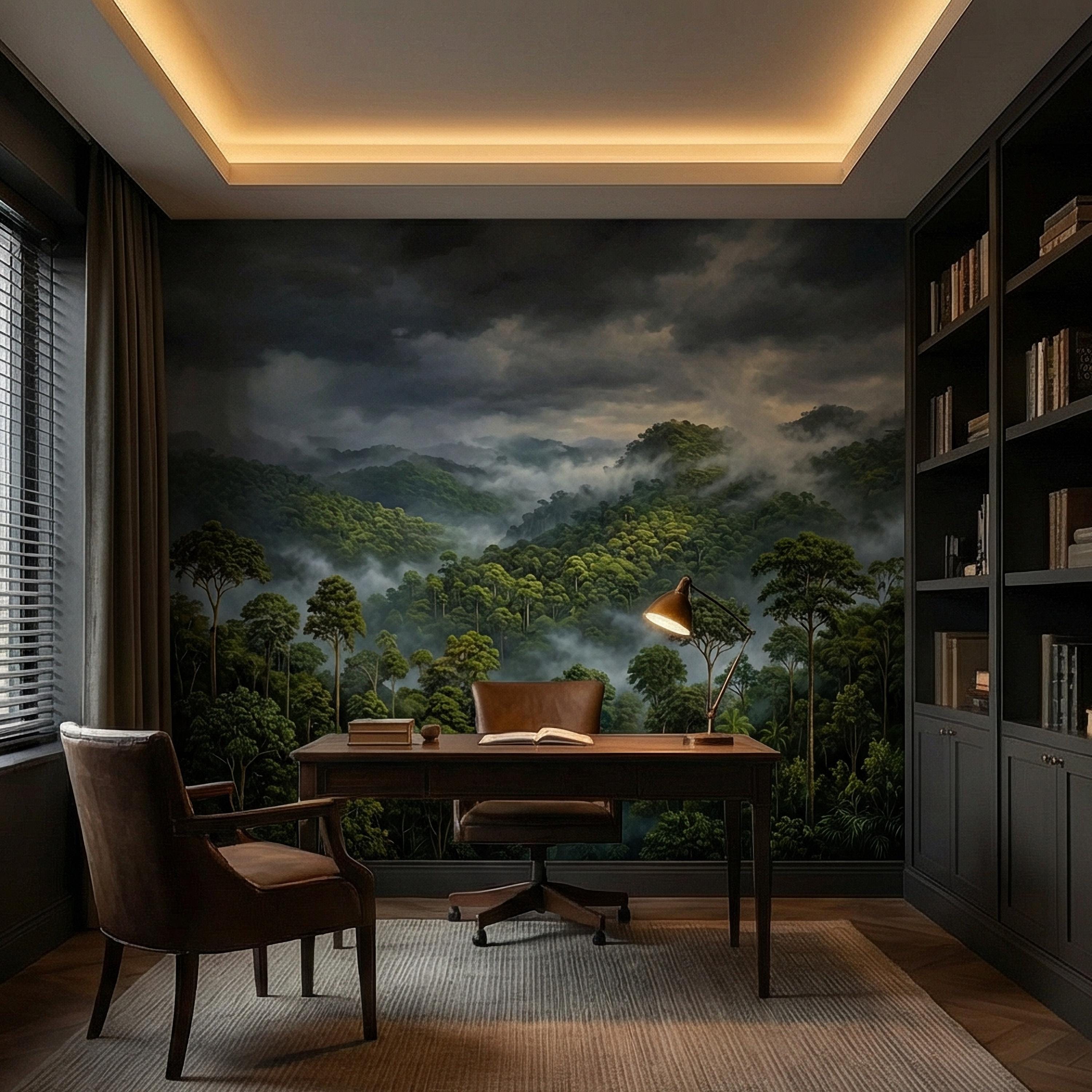 Misty Rainforest Peel and Stick Wall Mural, Moody Tropical Forest Landscape, Dramatic Foggy Jungle Nature Wallpaper
