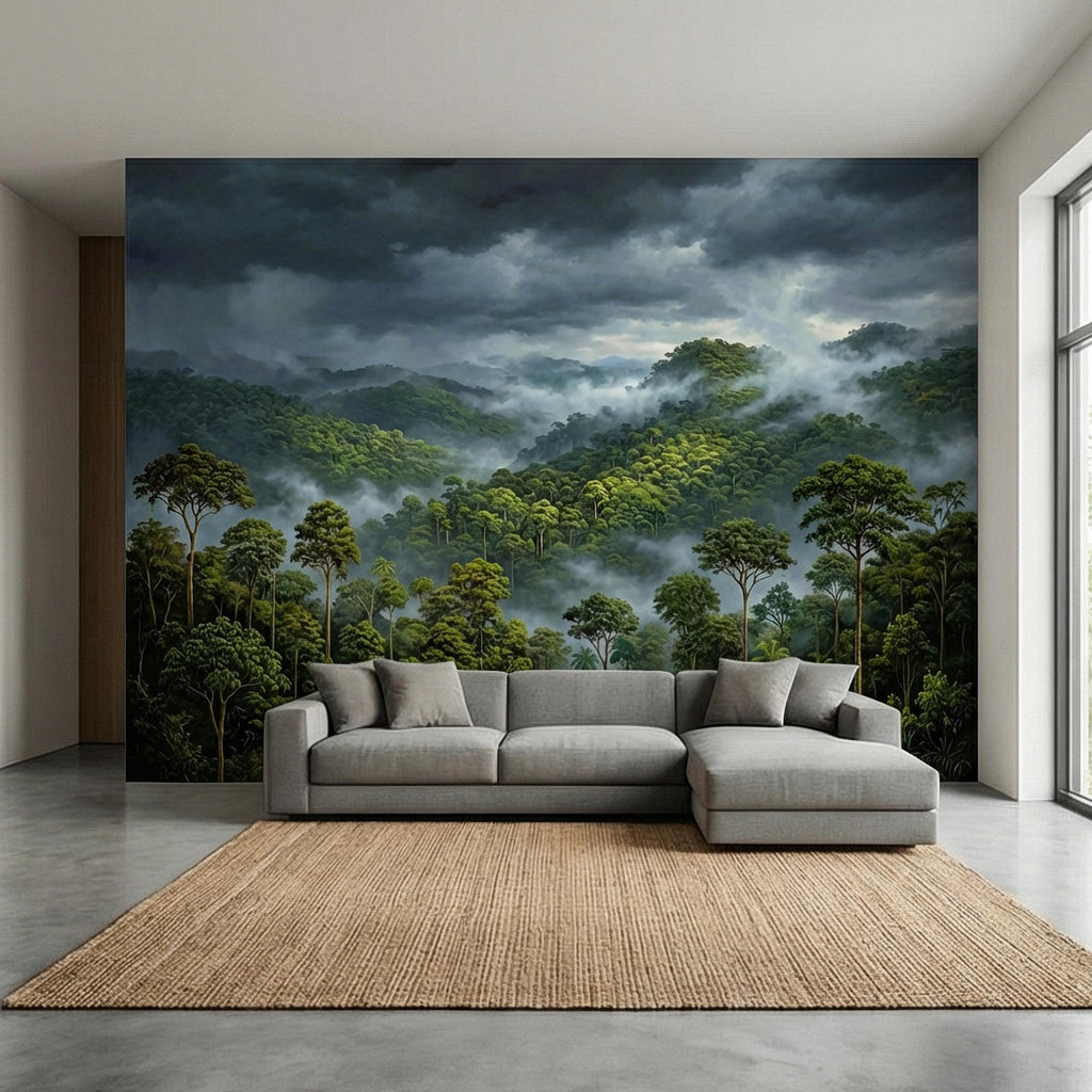 Misty Rainforest Peel and Stick Wall Mural, Moody Tropical Forest Landscape, Dramatic Foggy Jungle Nature Wallpaper