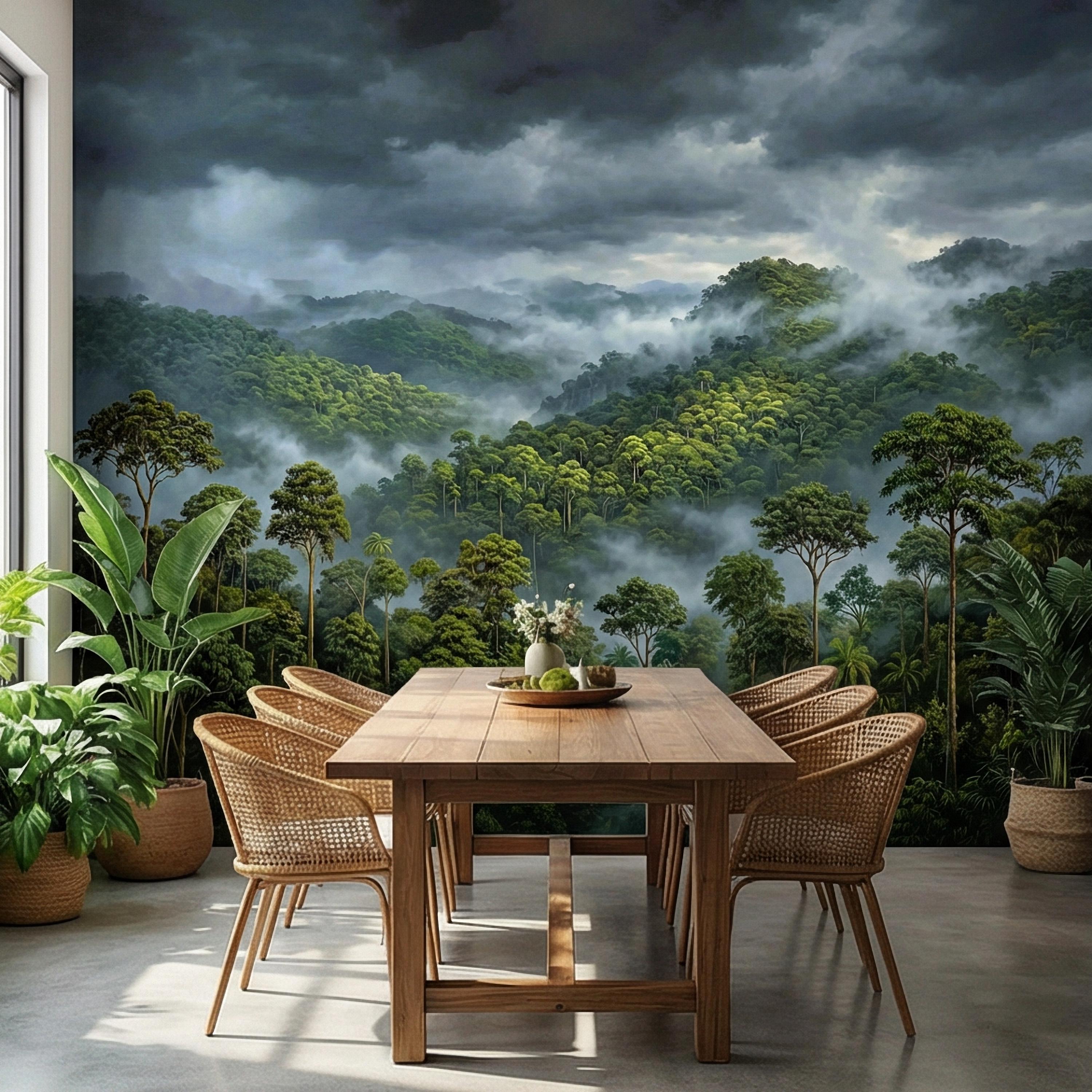 Misty Rainforest Peel and Stick Wall Mural, Moody Tropical Forest Landscape, Dramatic Foggy Jungle Nature Wallpaper