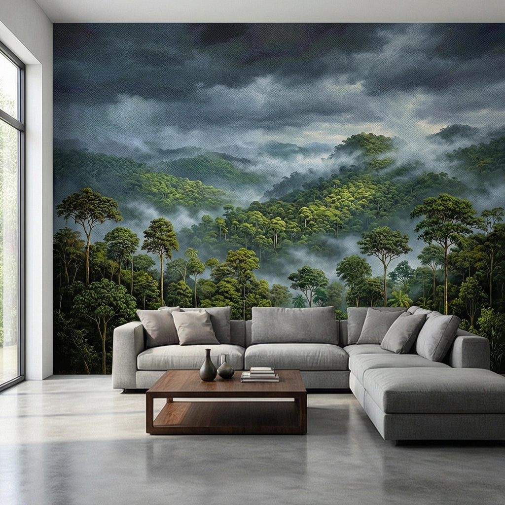 Misty Rainforest Peel and Stick Wall Mural, Moody Tropical Forest Landscape, Dramatic Foggy Jungle Nature Wallpaper
