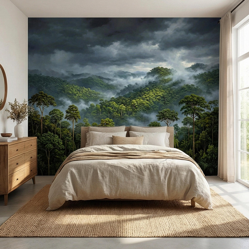 Misty Rainforest Peel and Stick Wall Mural, Moody Tropical Forest Landscape, Dramatic Foggy Jungle Nature Wallpaper
