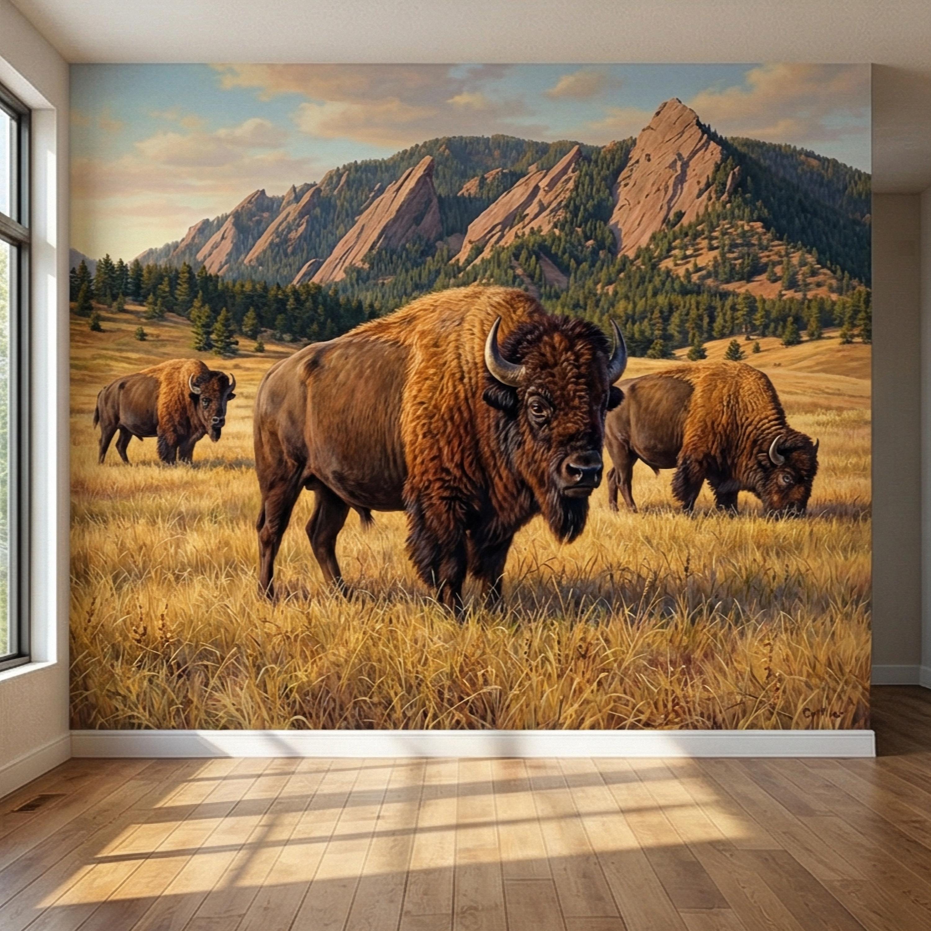 Bison Peel and Stick Wall Mural, Rocky Mountain Wildlife Landscape, Rustic Western Prairie Nature Wallpaper