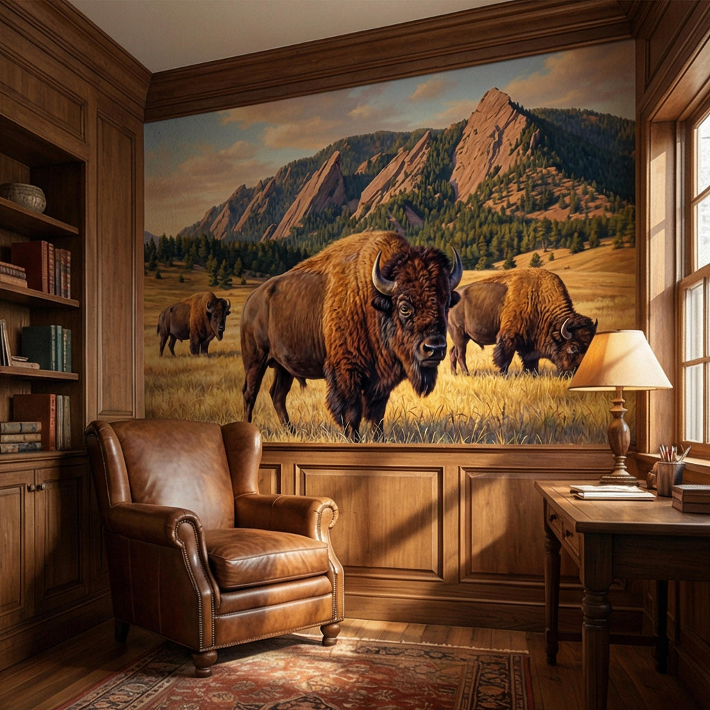 Bison Peel and Stick Wall Mural, Rocky Mountain Wildlife Landscape, Rustic Western Prairie Nature Wallpaper