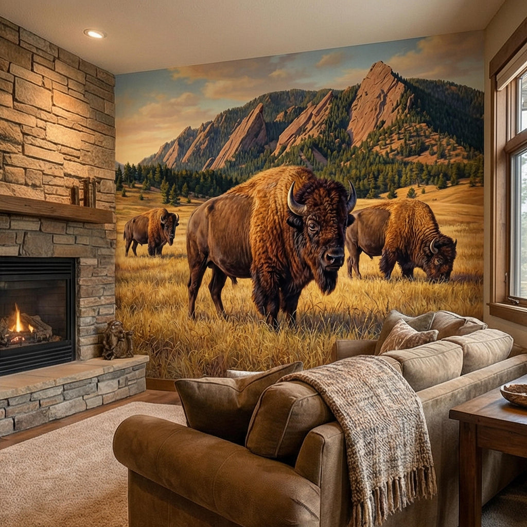 Bison Peel and Stick Wall Mural, Rocky Mountain Wildlife Landscape, Rustic Western Prairie Nature Wallpaper