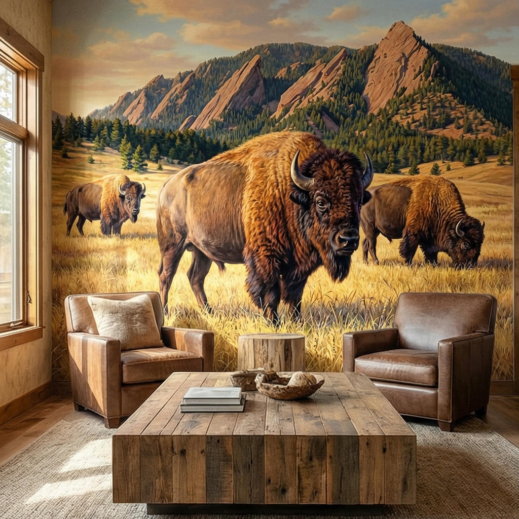Bison Peel and Stick Wall Mural, Rocky Mountain Wildlife Landscape, Rustic Western Prairie Nature Wallpaper