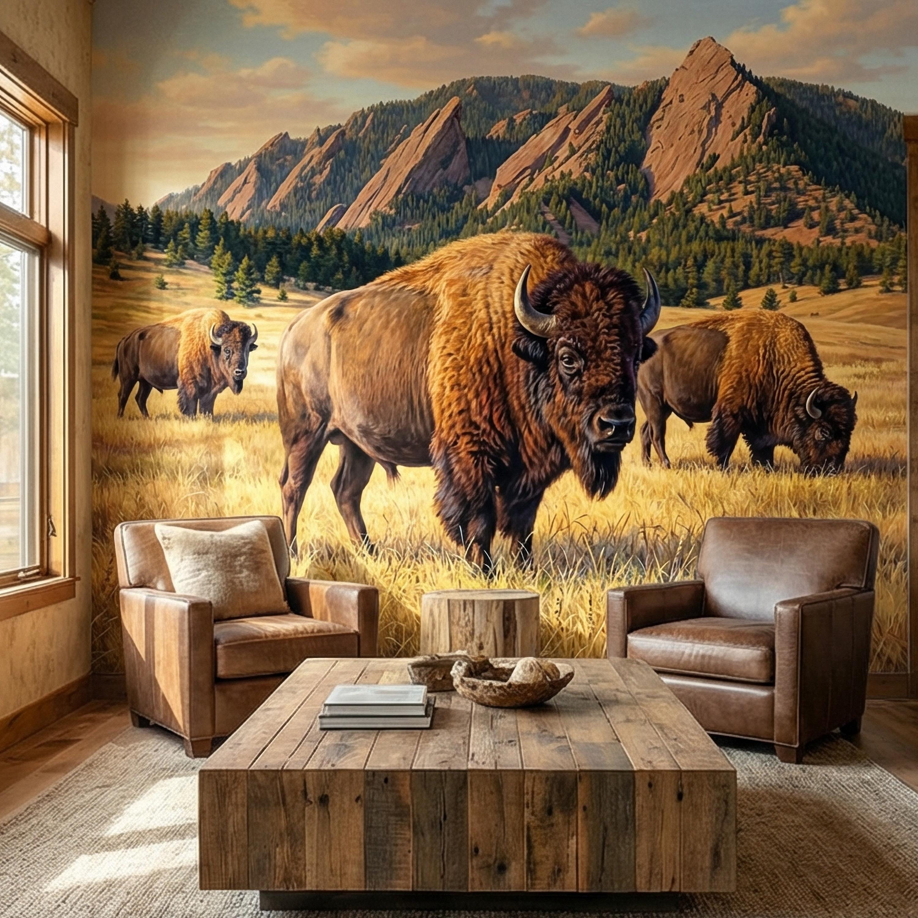 Bison Peel and Stick Wall Mural, Rocky Mountain Wildlife Landscape, Rustic Western Prairie Nature Wallpaper