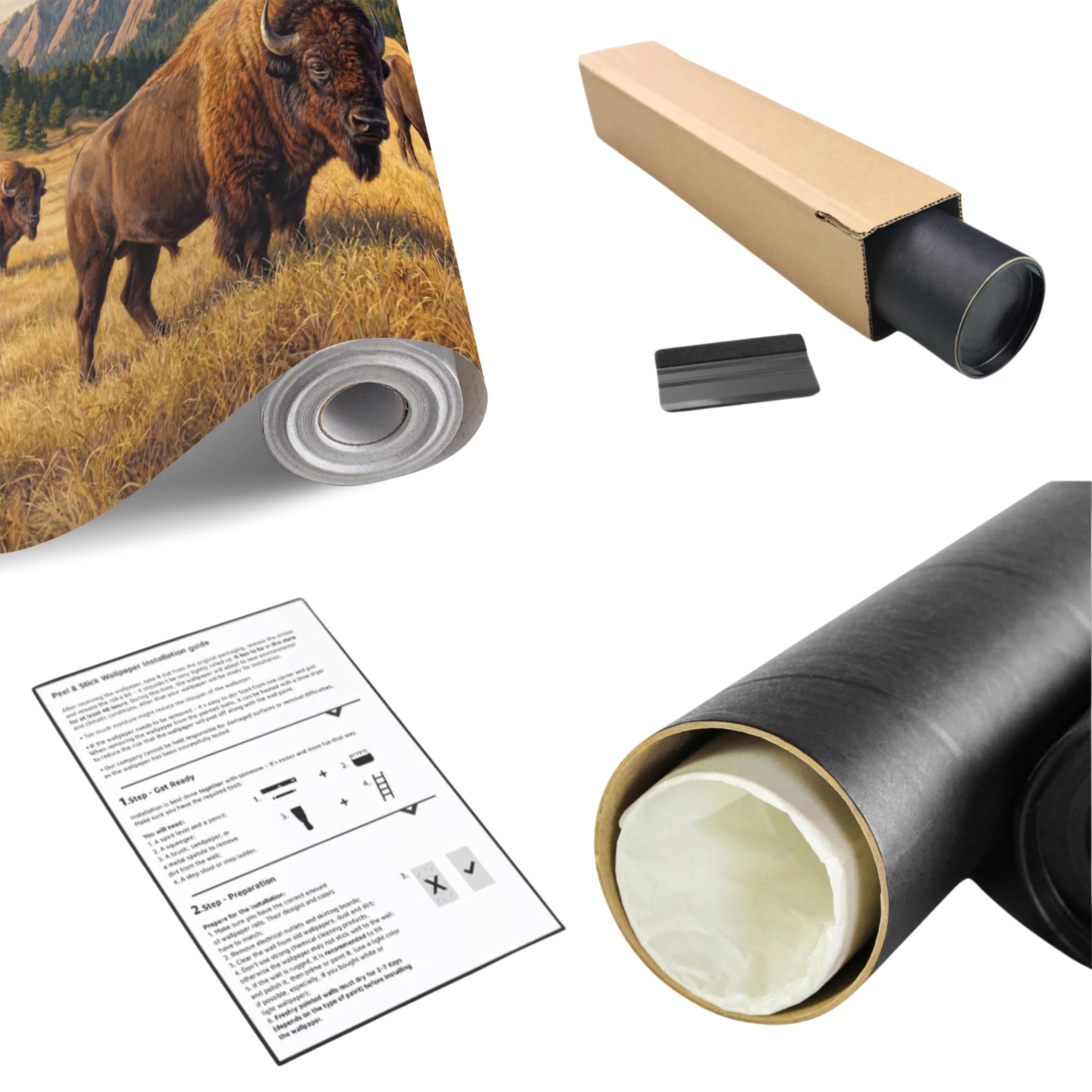 Bison Peel and Stick Wall Mural, Rocky Mountain Wildlife Landscape, Rustic Western Prairie Nature Wallpaper