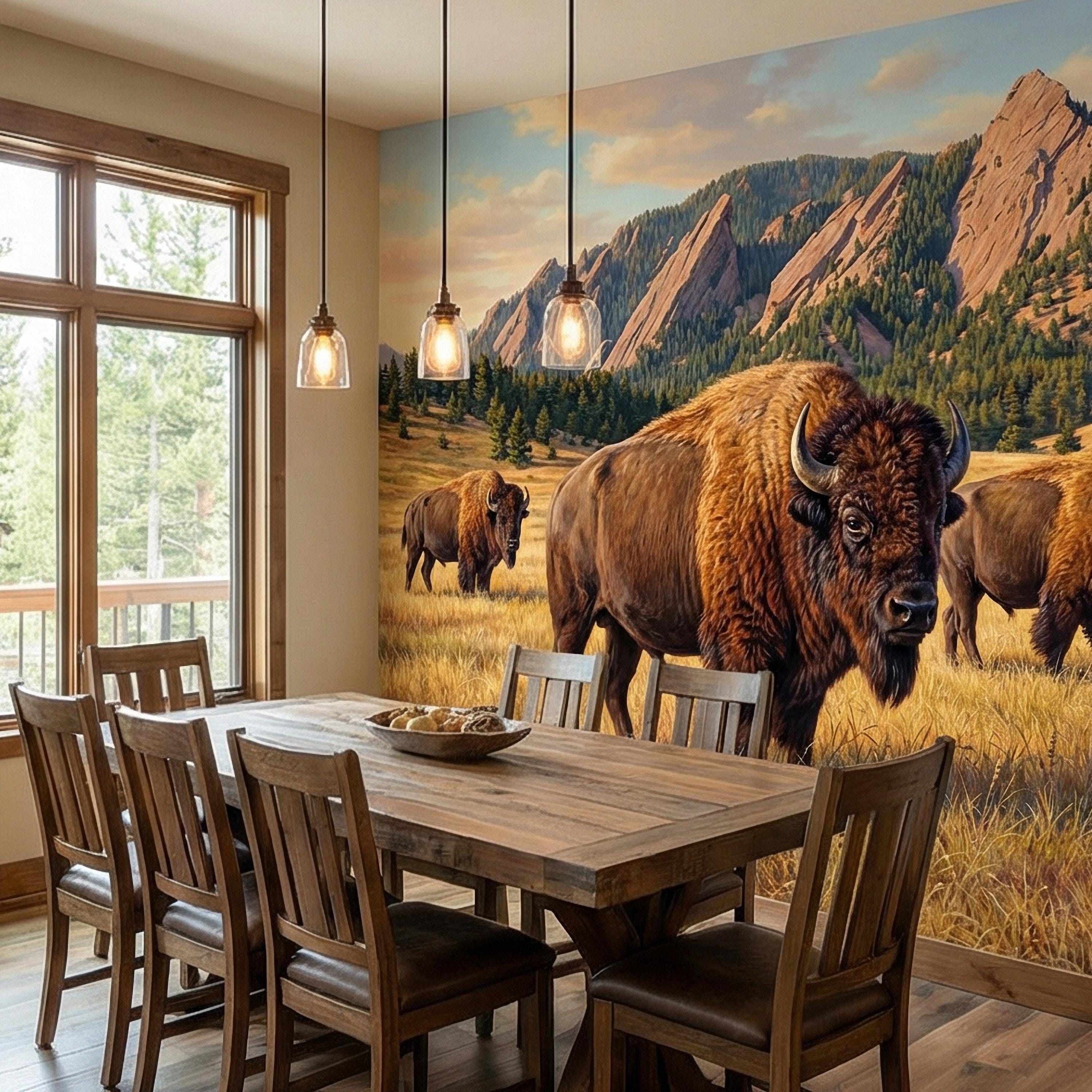 Bison Peel and Stick Wall Mural, Rocky Mountain Wildlife Landscape, Rustic Western Prairie Nature Wallpaper