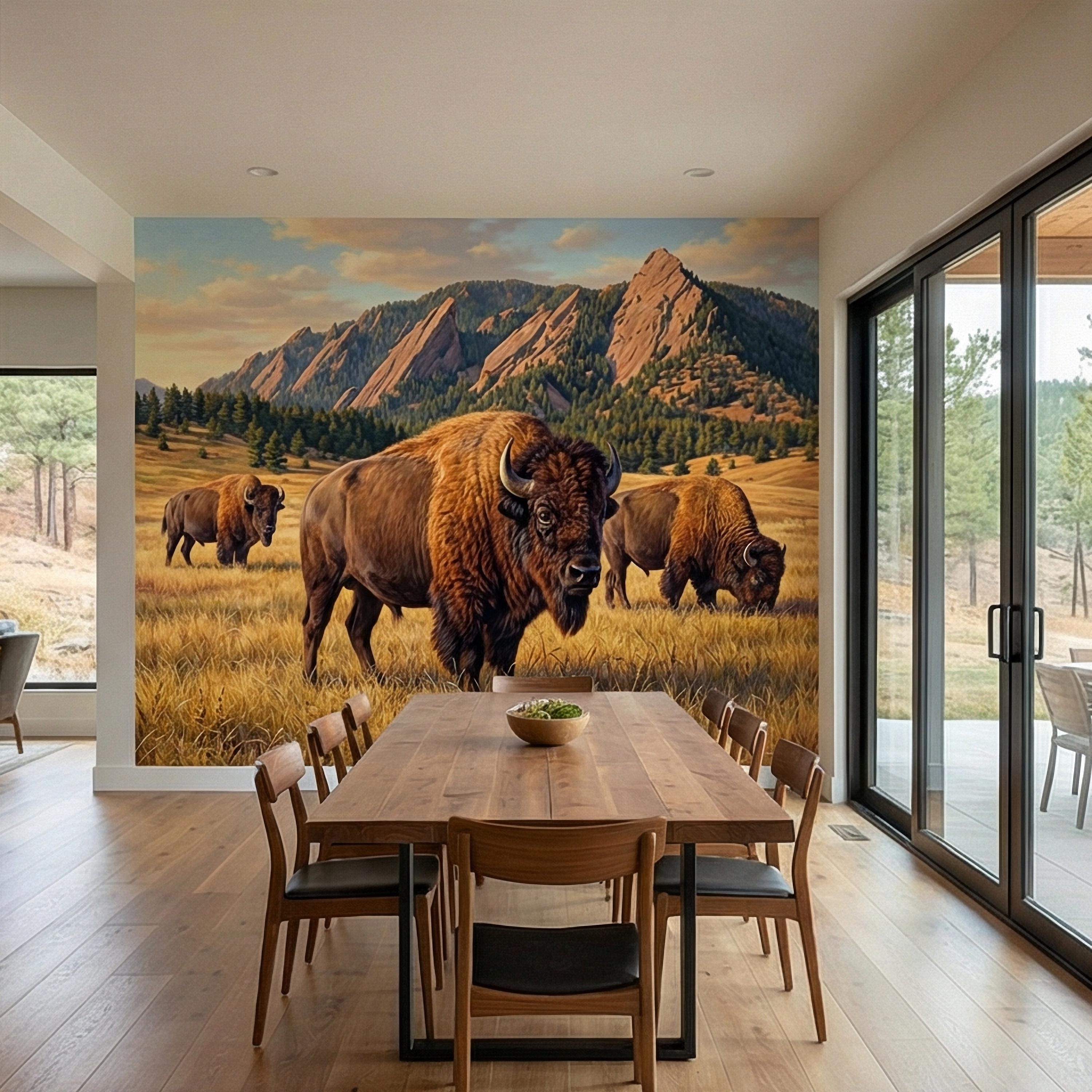 Bison Peel and Stick Wall Mural, Rocky Mountain Wildlife Landscape, Rustic Western Prairie Nature Wallpaper