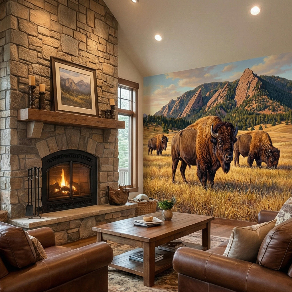 Bison Peel and Stick Wall Mural, Rocky Mountain Wildlife Landscape, Rustic Western Prairie Nature Wallpaper