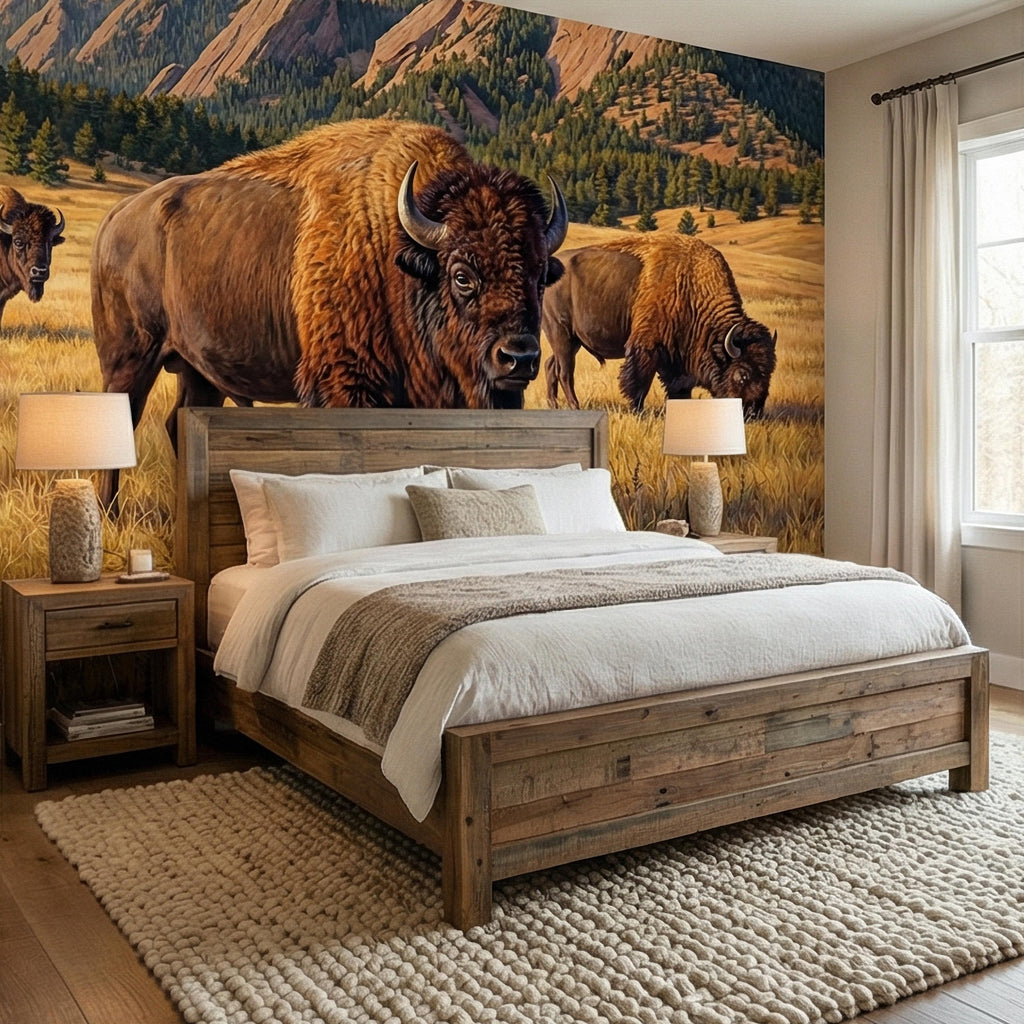 Bison Peel and Stick Wall Mural, Rocky Mountain Wildlife Landscape, Rustic Western Prairie Nature Wallpaper