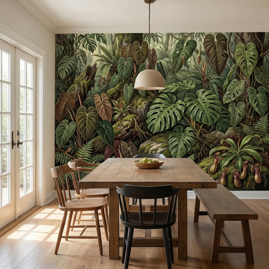 Dark Tropical Peel and Stick Wall Mural, Monstera Jungle Wallpaper, Lush Rainforest Botanical Leaves, Moody Green Wall Decor