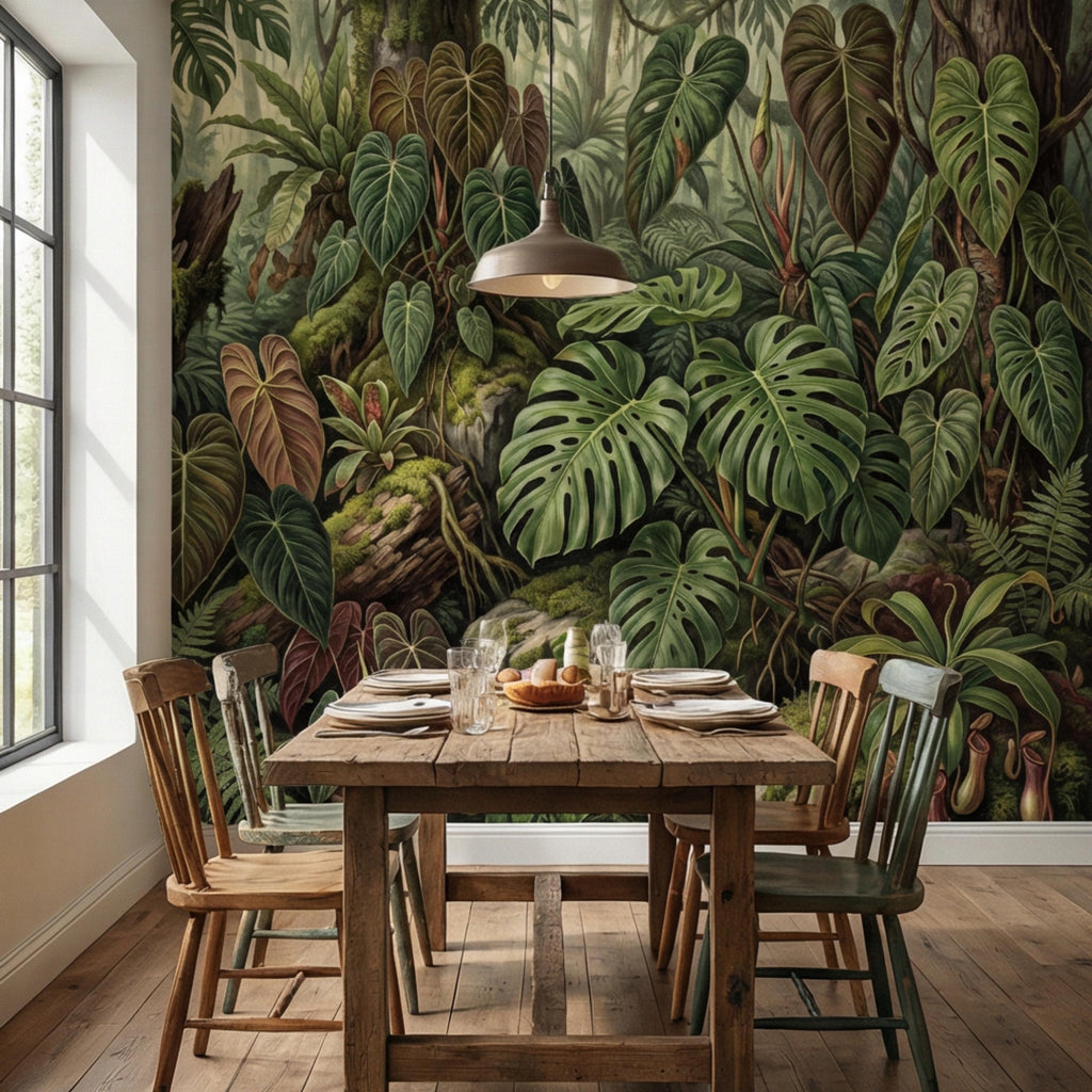 Dark Tropical Peel and Stick Wall Mural, Monstera Jungle Wallpaper, Lush Rainforest Botanical Leaves, Moody Green Wall Decor