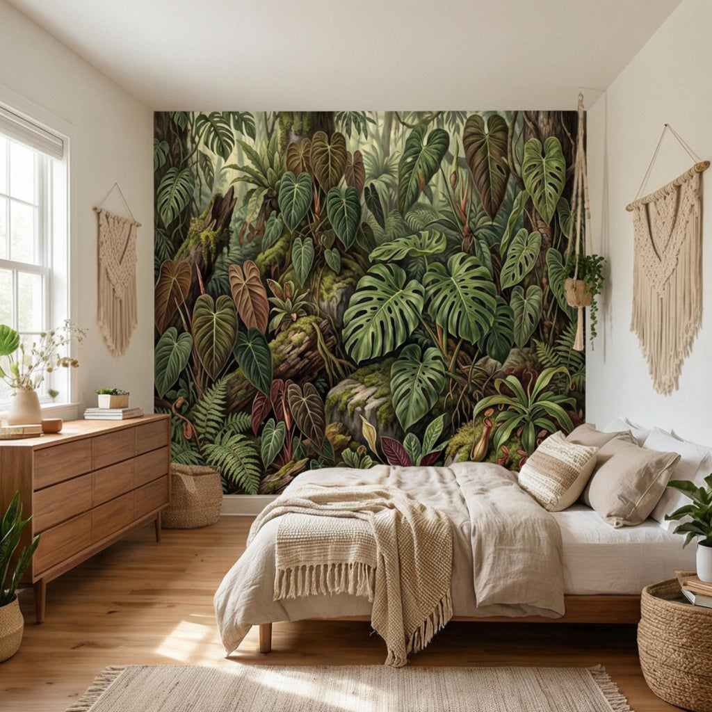 Dark Tropical Peel and Stick Wall Mural, Monstera Jungle Wallpaper, Lush Rainforest Botanical Leaves, Moody Green Wall Decor