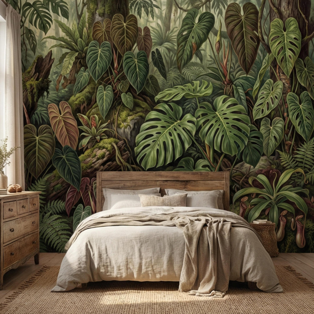 Dark Tropical Peel and Stick Wall Mural, Monstera Jungle Wallpaper, Lush Rainforest Botanical Leaves, Moody Green Wall Decor