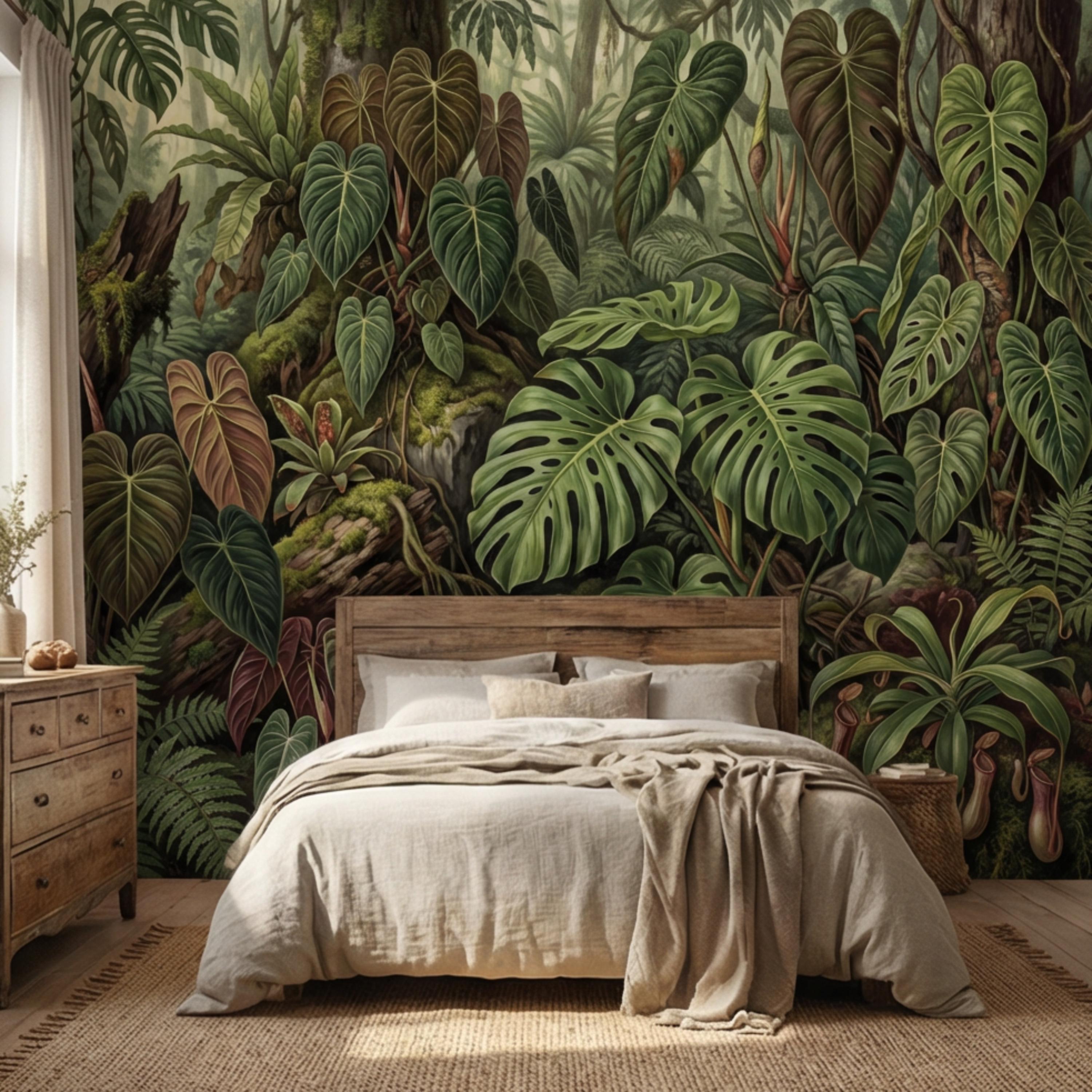 Dark Tropical Peel and Stick Wall Mural, Monstera Jungle Wallpaper, Lush Rainforest Botanical Leaves, Moody Green Wall Decor