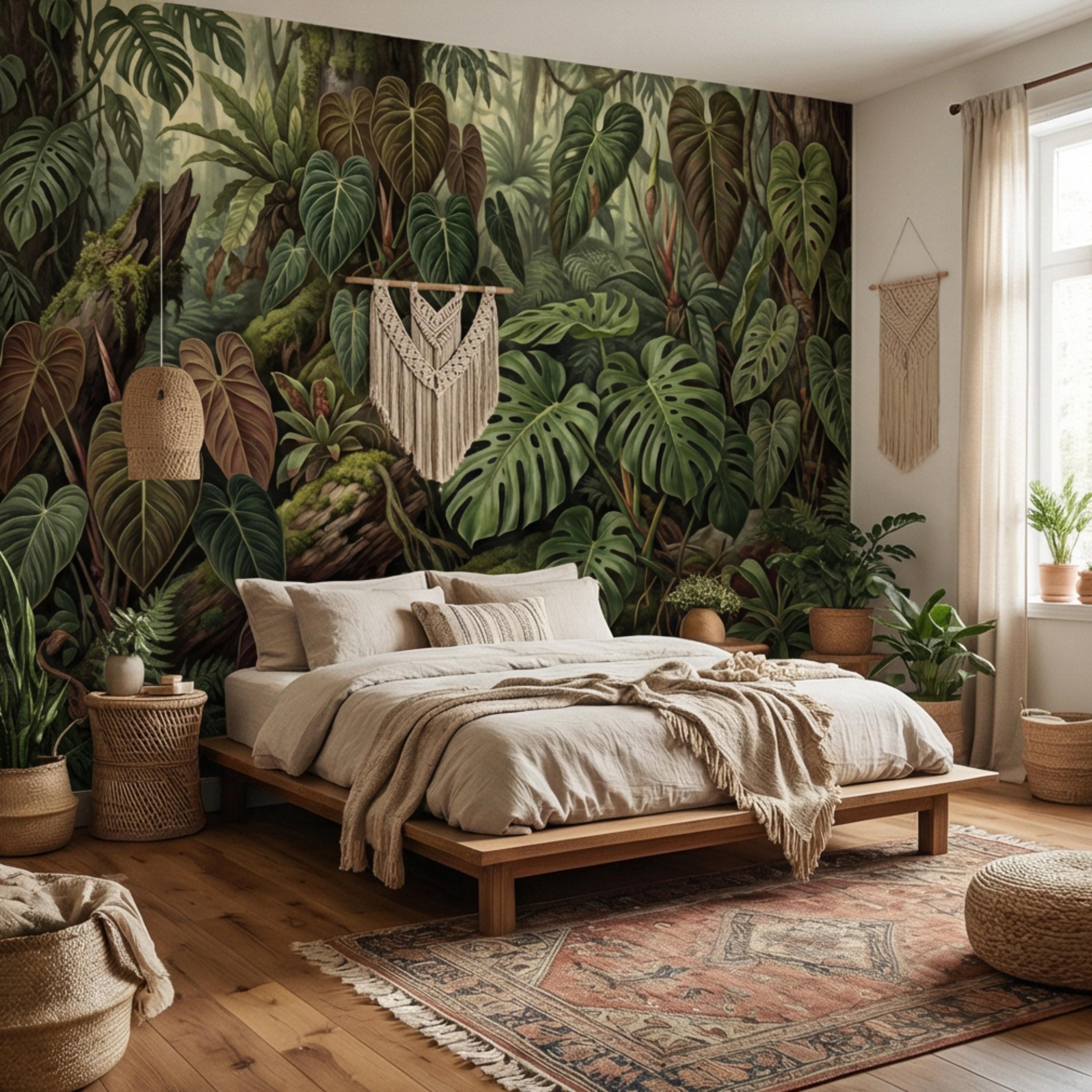 Dark Tropical Peel and Stick Wall Mural, Monstera Jungle Wallpaper, Lush Rainforest Botanical Leaves, Moody Green Wall Decor