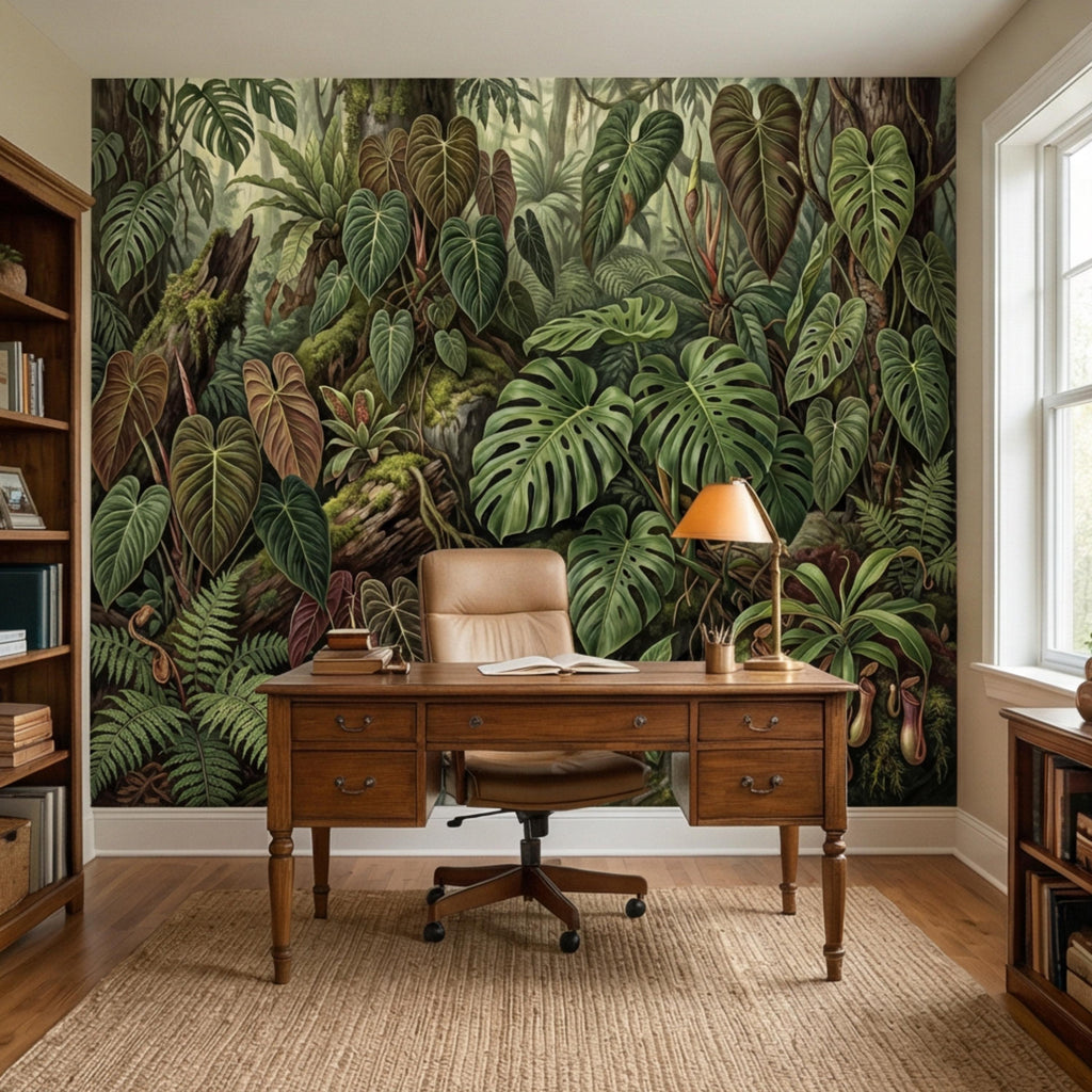 Dark Tropical Peel and Stick Wall Mural, Monstera Jungle Wallpaper, Lush Rainforest Botanical Leaves, Moody Green Wall Decor